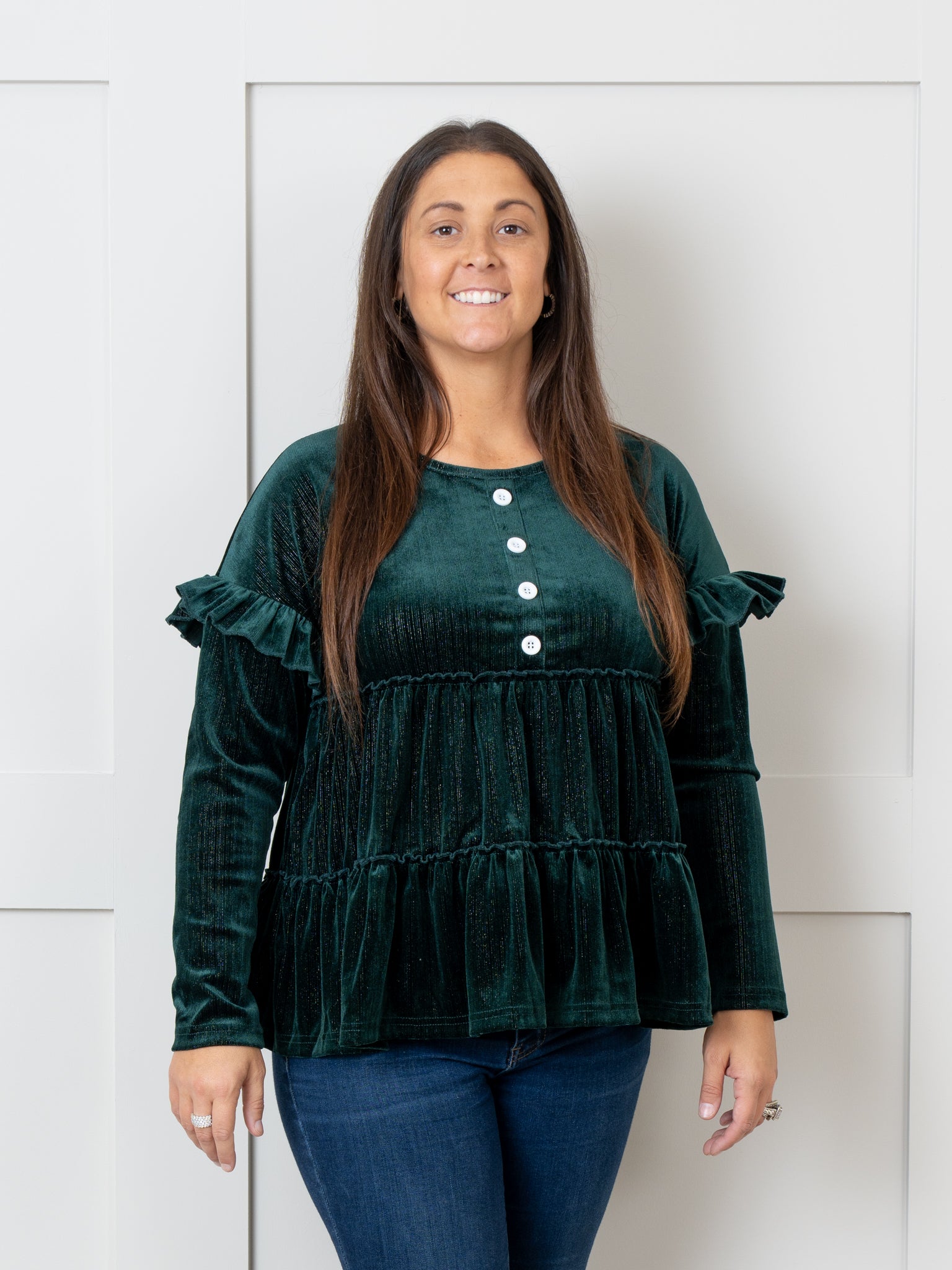 Deep Green Mom & Me Velvet Ruffle Shirt - Marie Nicole Clothing