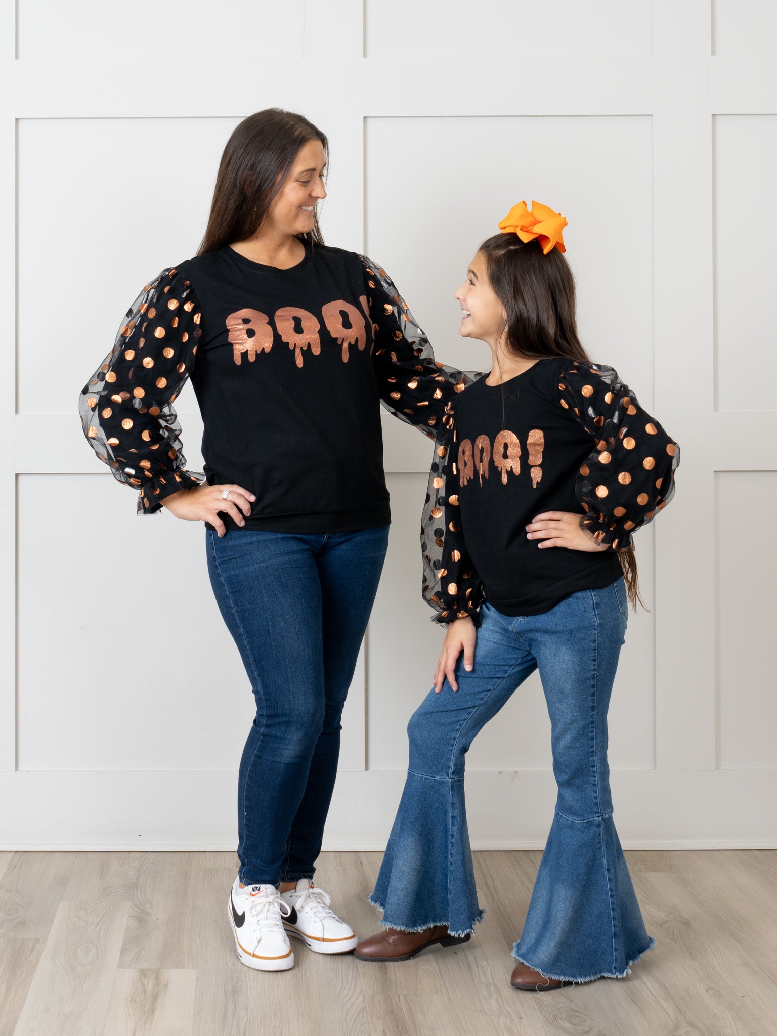 Mom & Me Orange & Black "Boo" Polka Dot Top - Marie Nicole Clothing