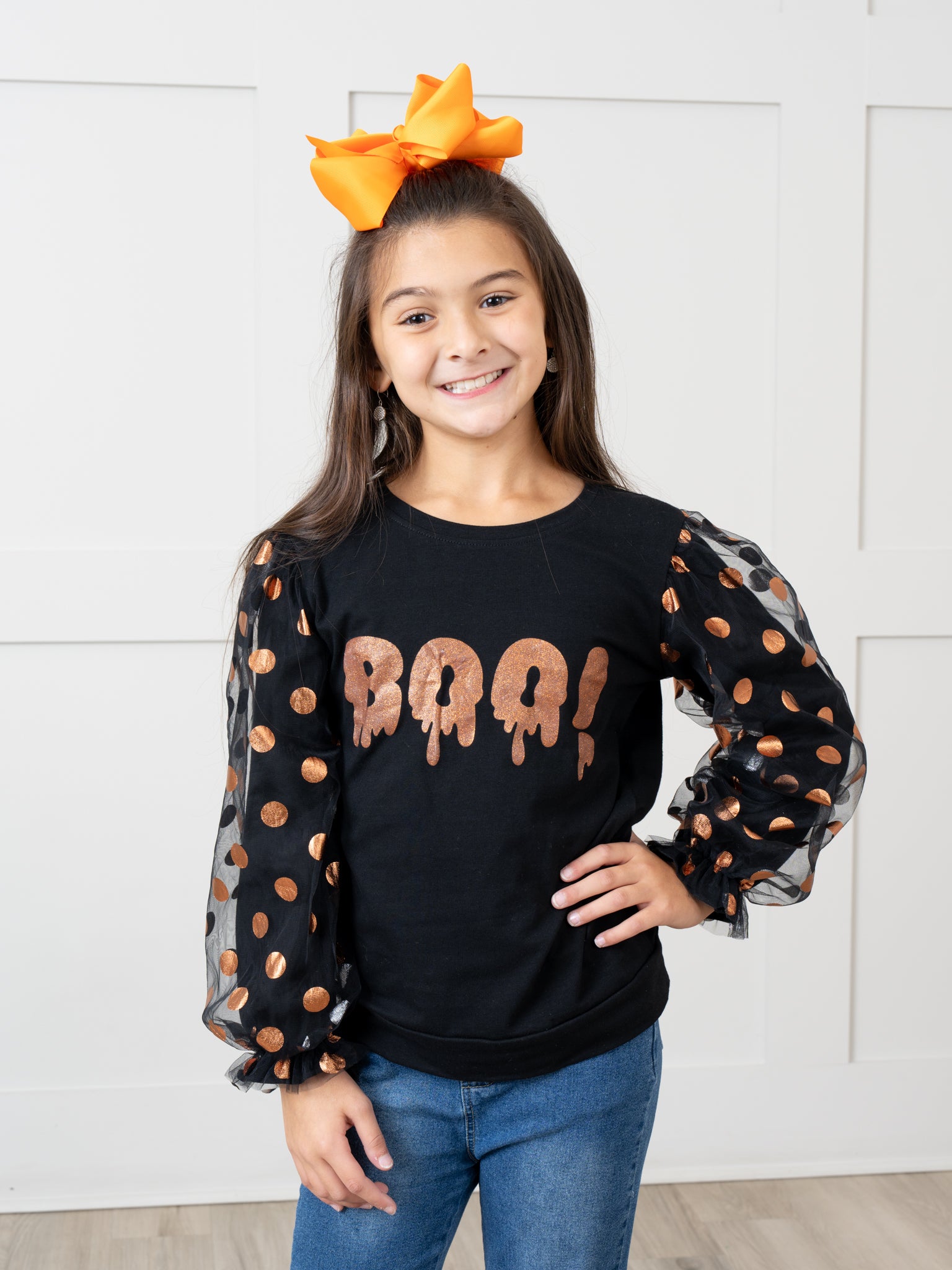 Mom & Me Orange & Black "Boo" Polka Dot Top - Marie Nicole Clothing
