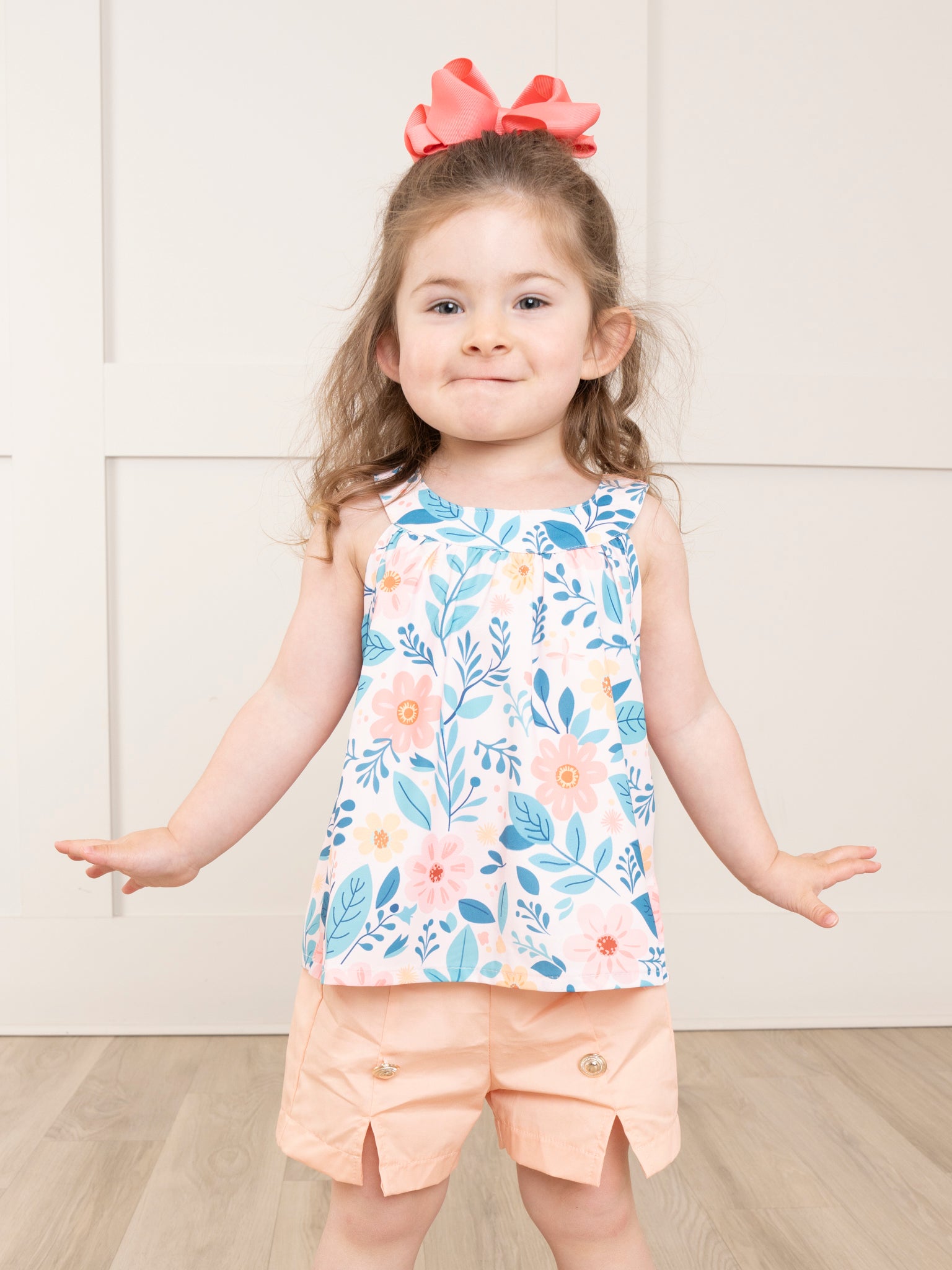 Peach & Blue Floral Sailor Shorts Outfit - Marie Nicole Clothing