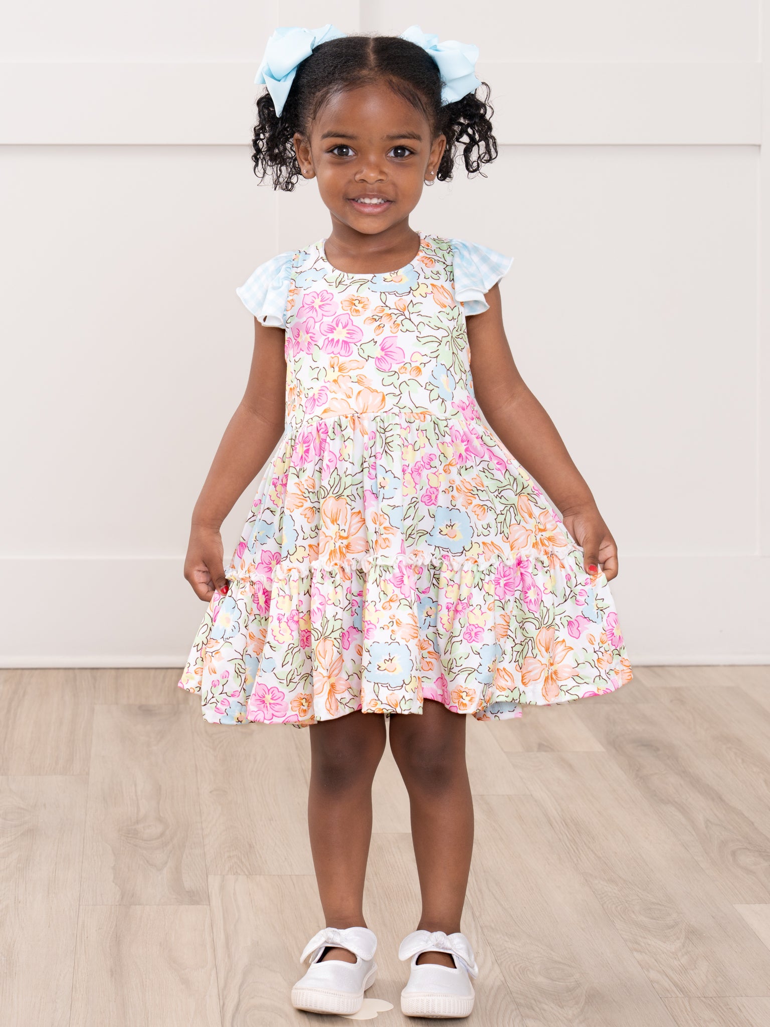 Flutter Sleeve Tiered Ruffle Dress - Wildflower Doodles - Marie Nicole Clothing