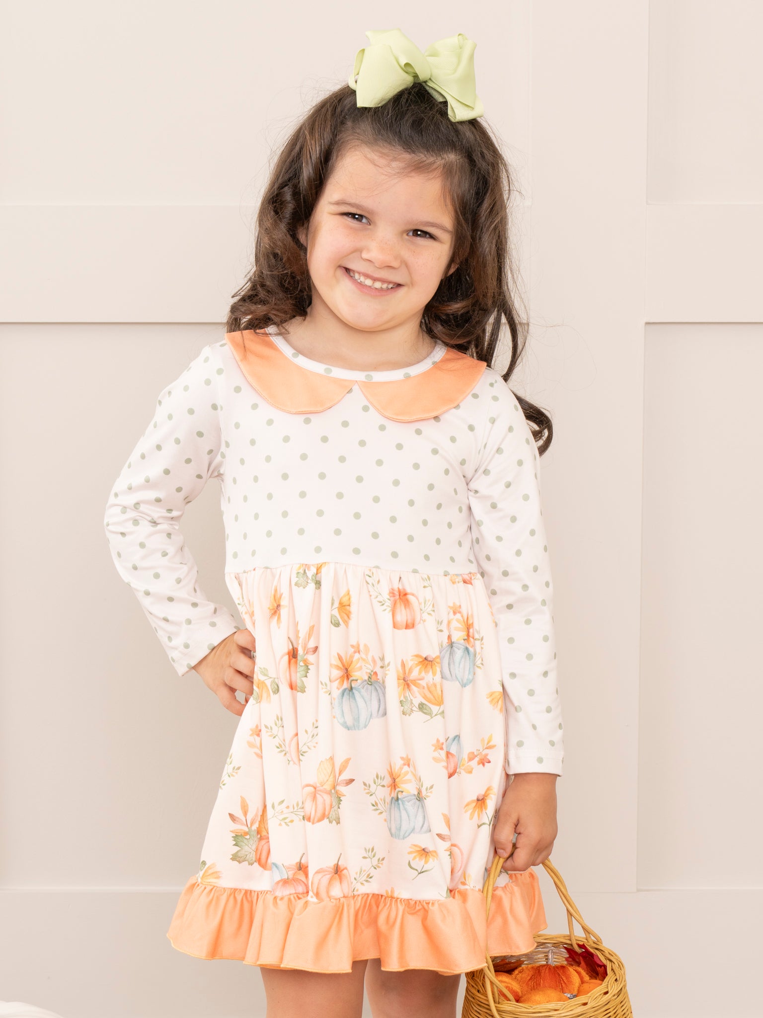 Peach & Green Dots Floral Pumpkins Ruffle Dress - Marie Nicole Clothing