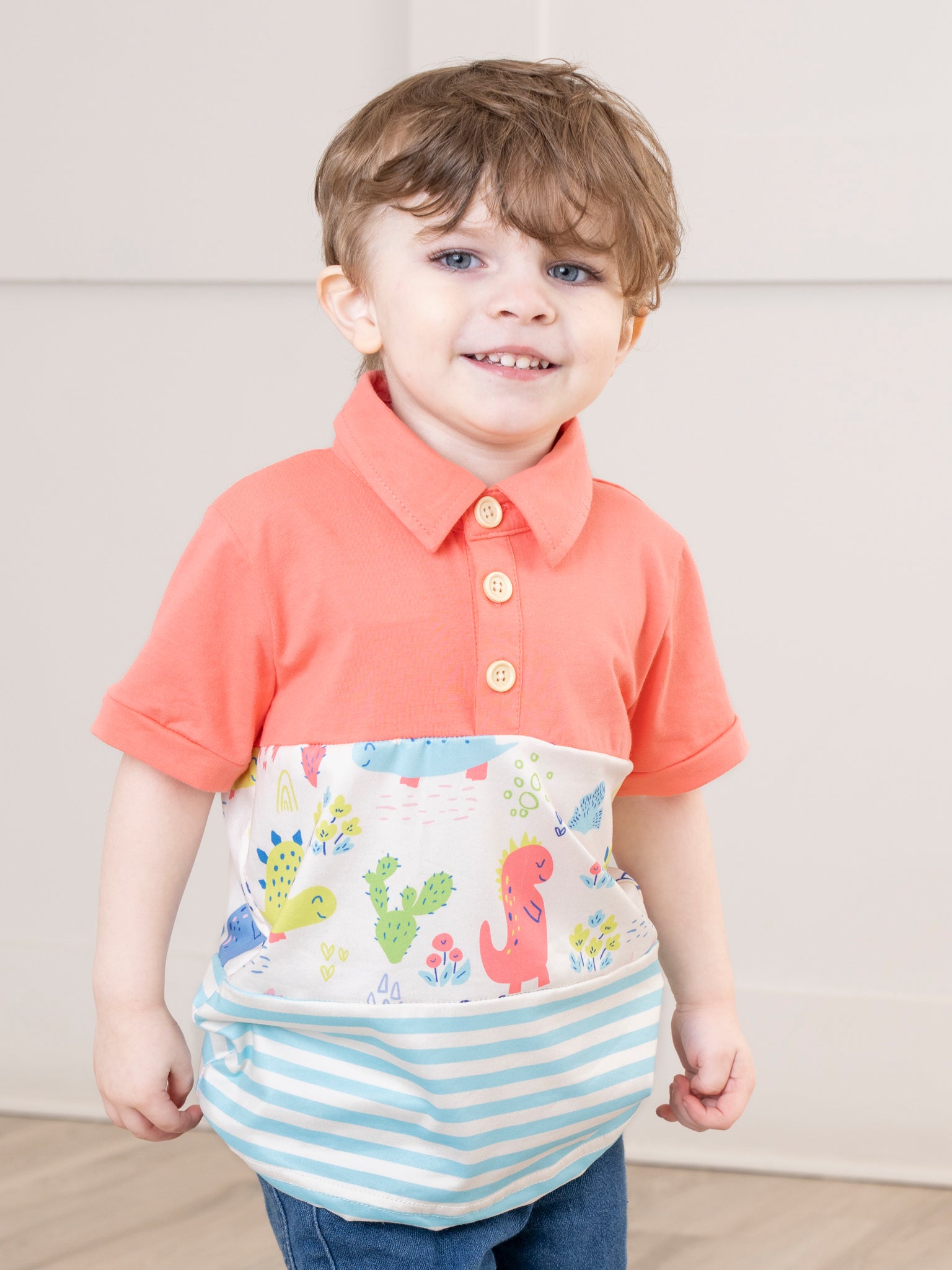 Coral & Teal Dinosaur World Polo Shirt - Marie Nicole Clothing