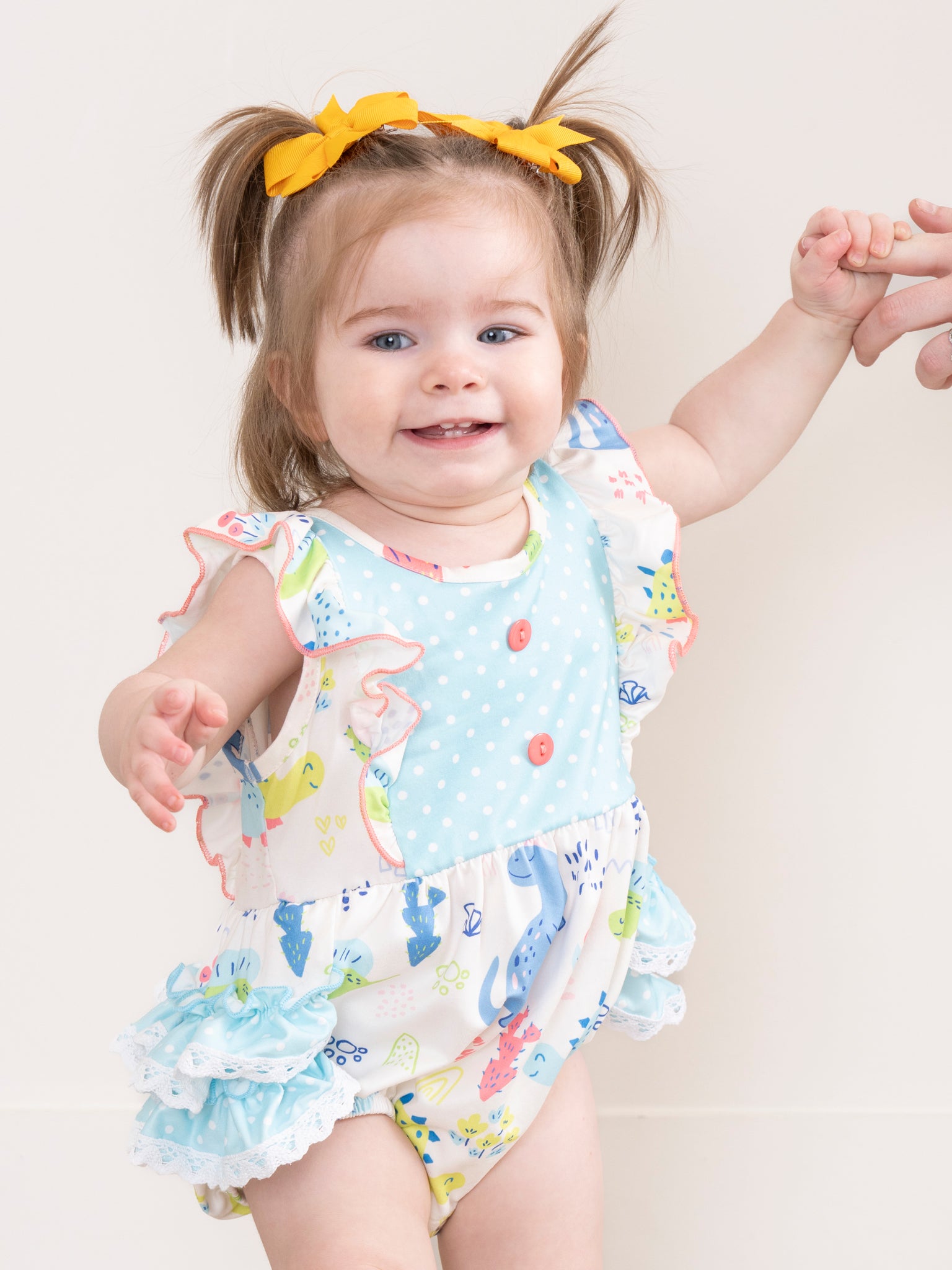 Coral & Teal Dinosaur World Ruffle Bubble Romper - Marie Nicole Clothing