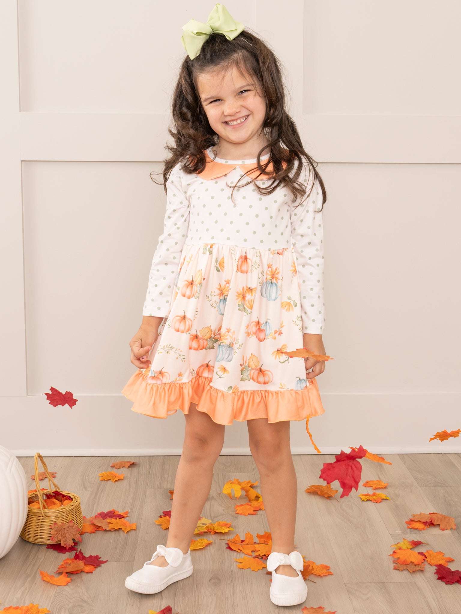 Peach & Green Dots Floral Pumpkins Ruffle Dress - Marie Nicole Clothing
