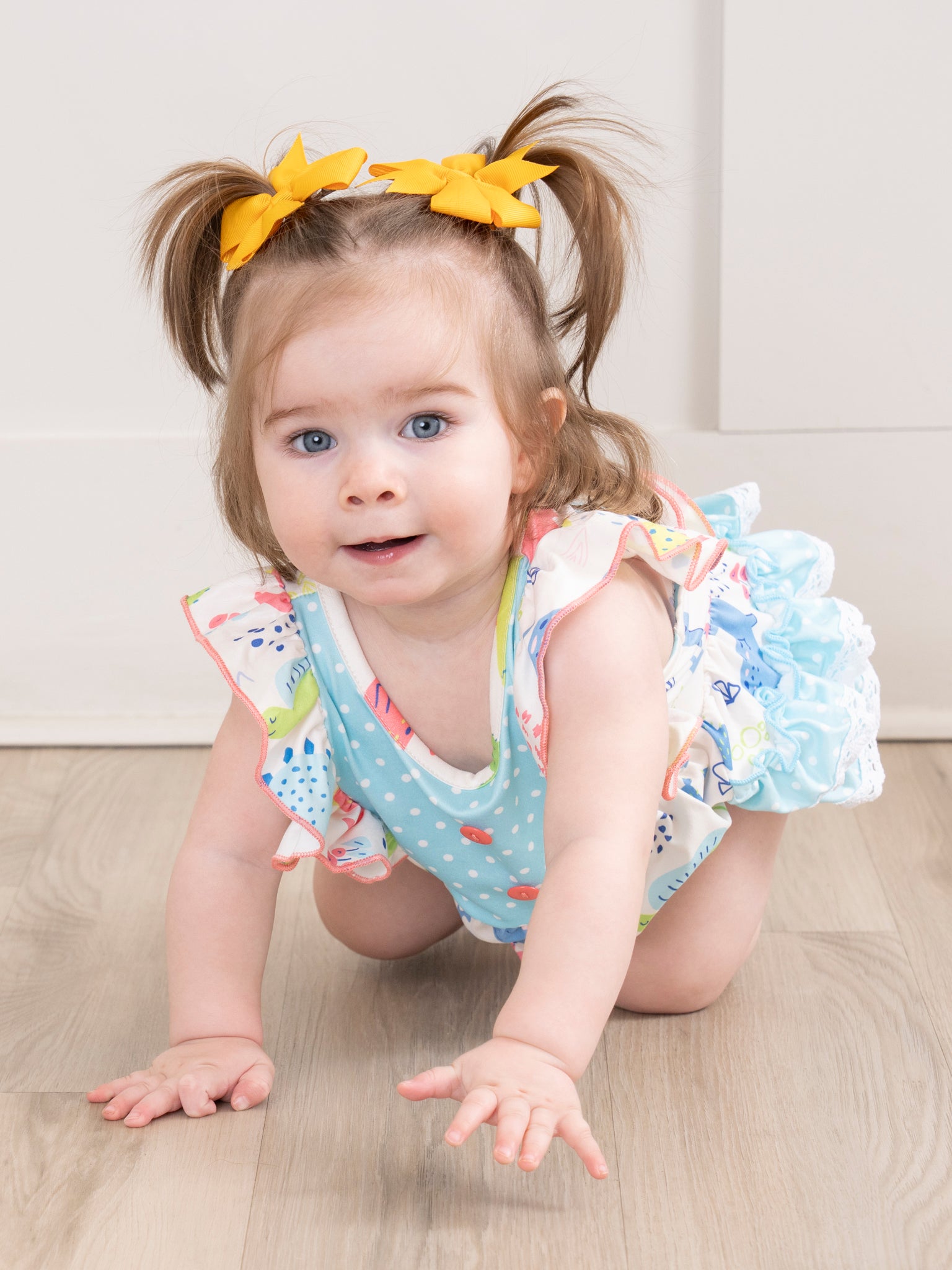 Coral & Teal Dinosaur World Ruffle Bubble Romper - Marie Nicole Clothing