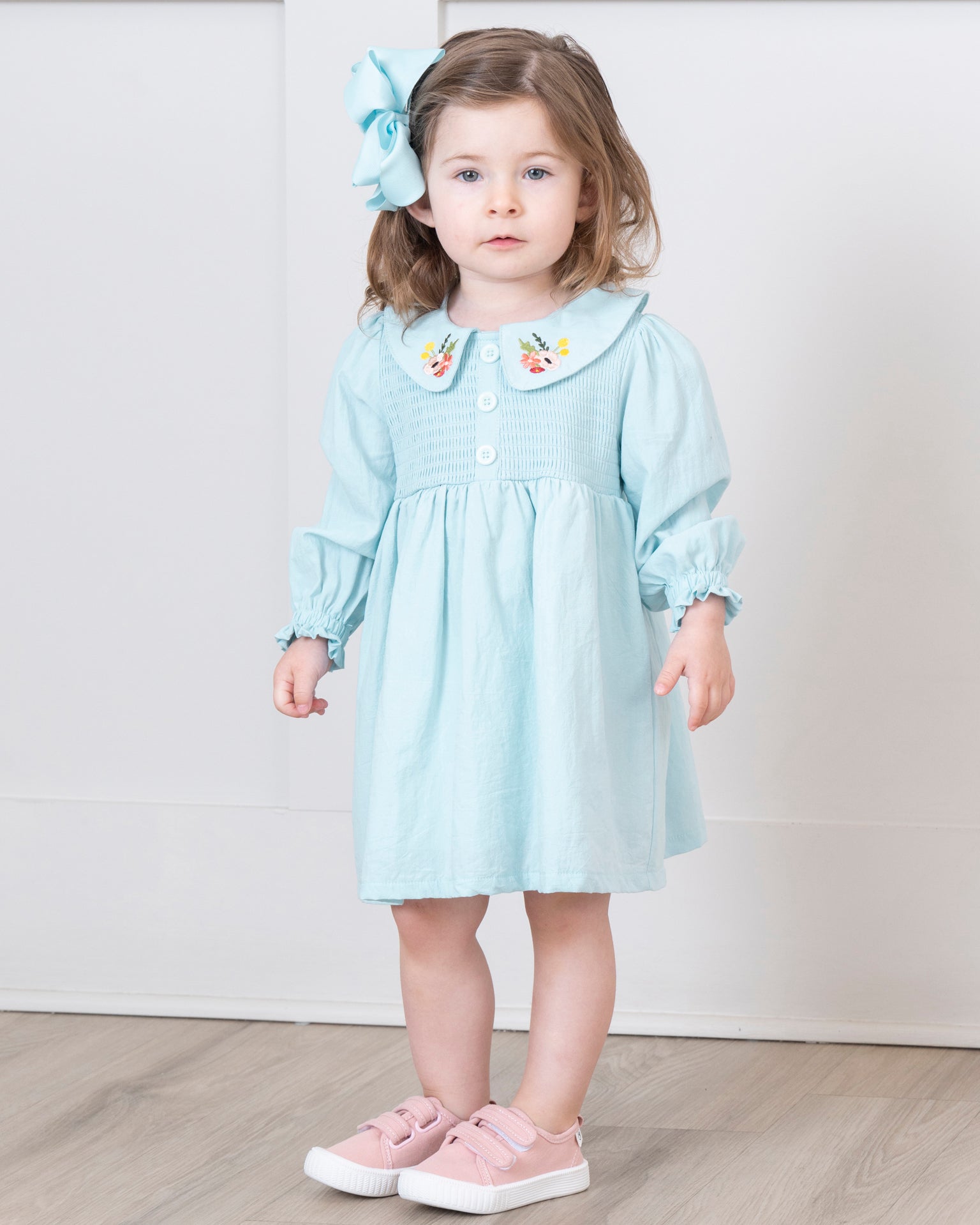 Blue Smocked Embroidered Blooms Dress - Marie Nicole Clothing