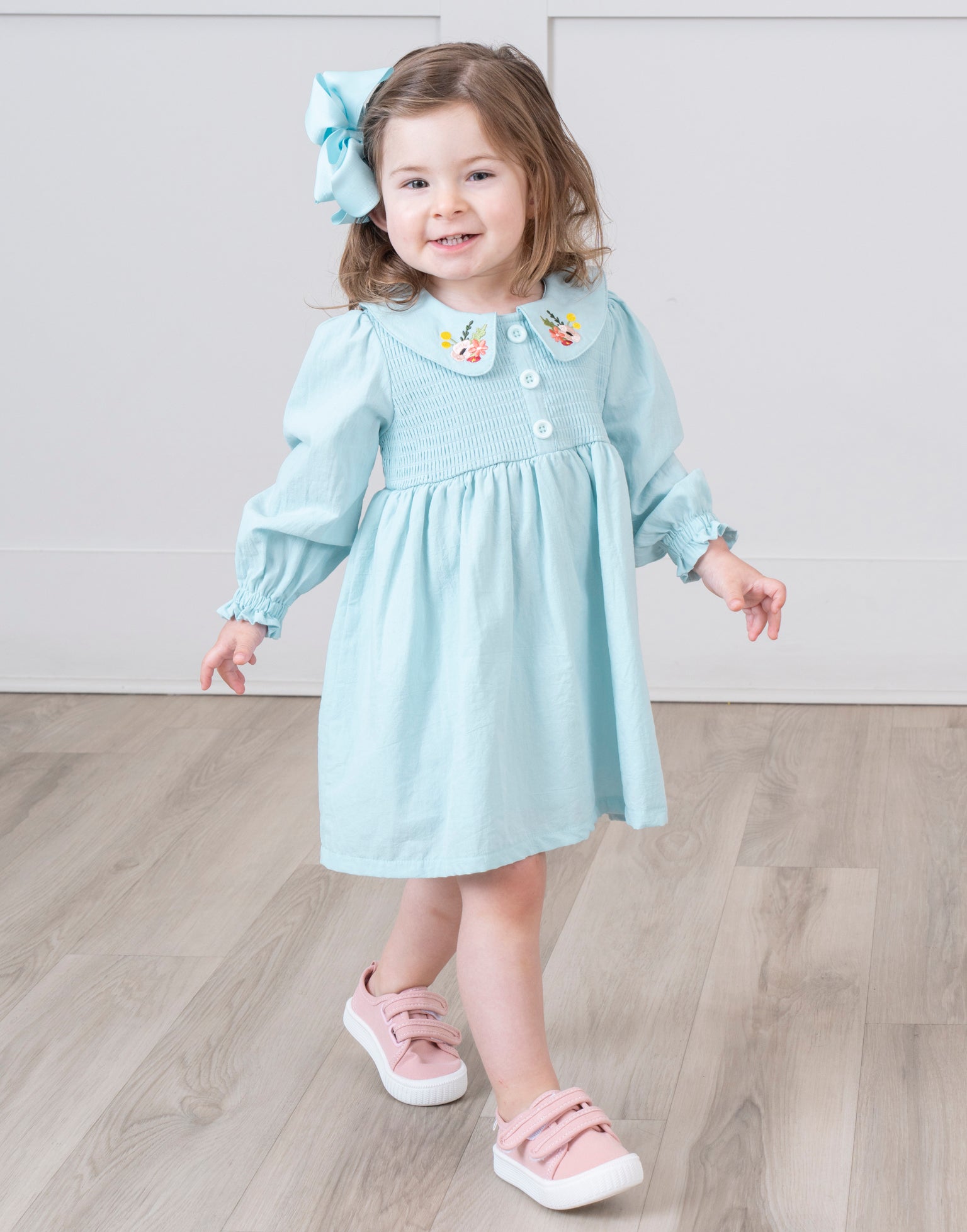 Blue Smocked Embroidered Blooms Dress - Marie Nicole Clothing
