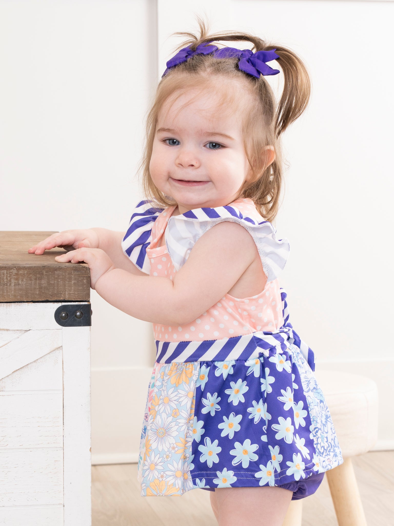 Indigo & Peach Print Peplum Bubble Romper - Marie Nicole Clothing