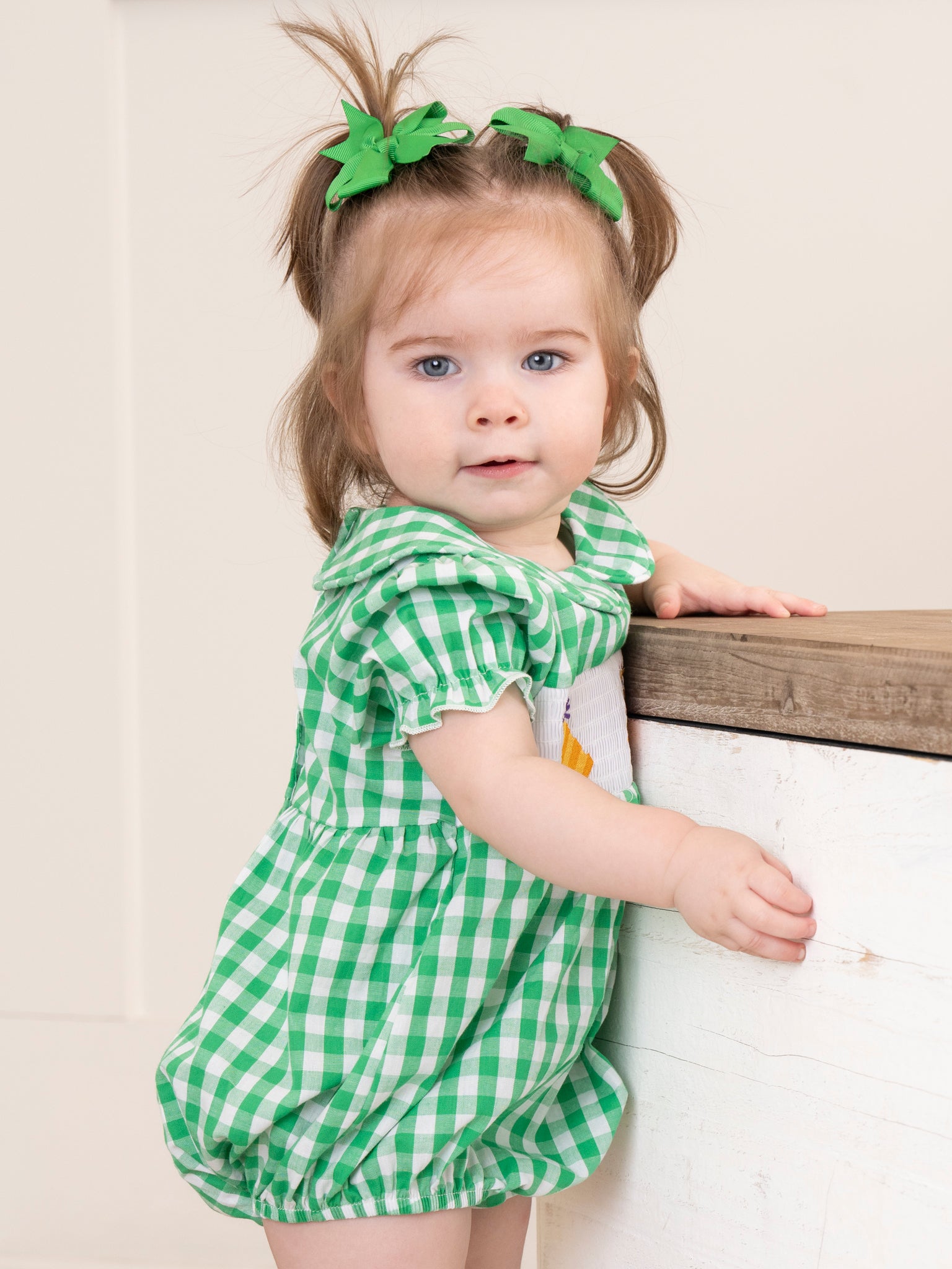 Green Gingham Party Time Smocked Bubble Romper - Marie Nicole Clothing