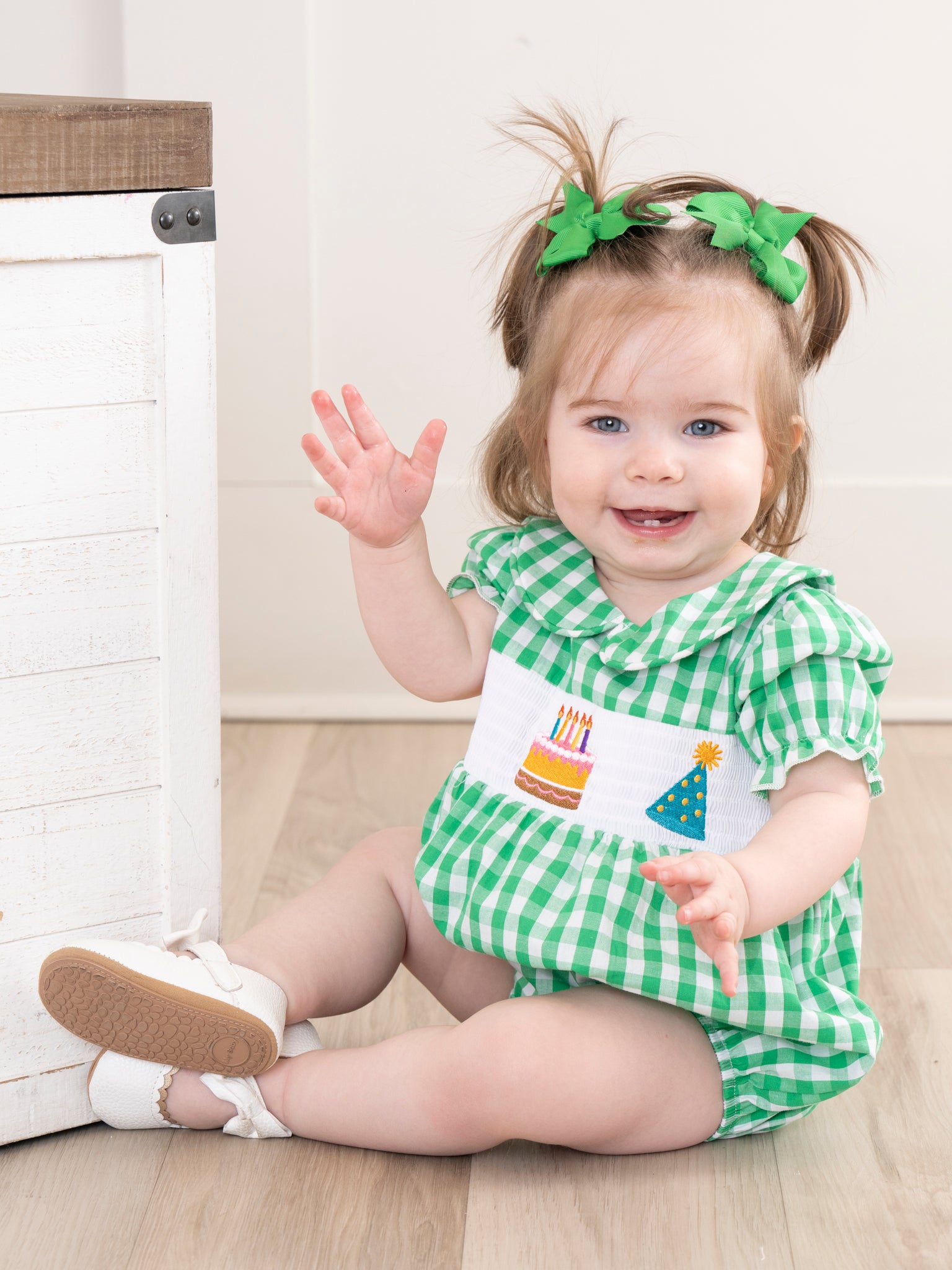 Green Gingham Party Time Smocked Bubble Romper - Marie Nicole Clothing