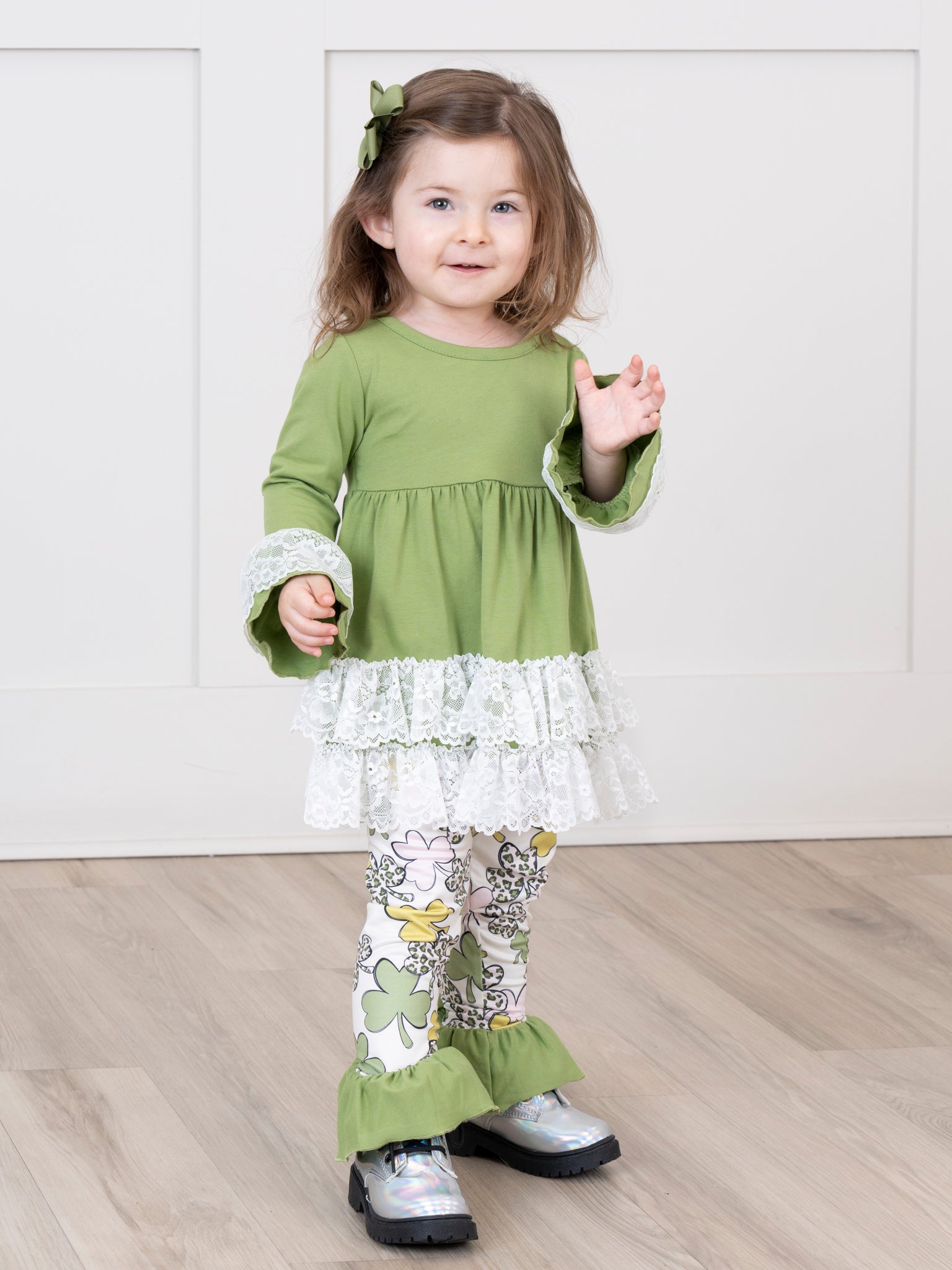 Lucky Pink & Green Clovers Lacy Ruffle Outfit - Marie Nicole Clothing