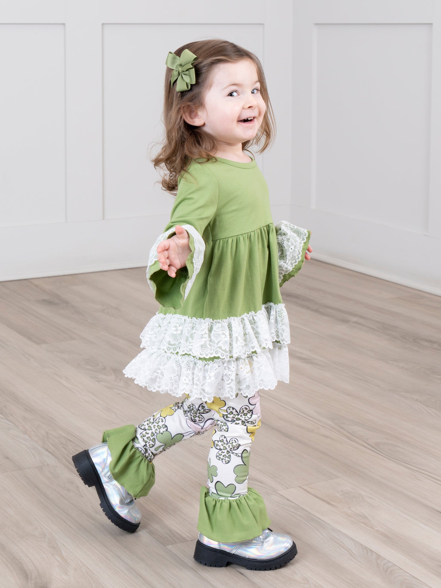 Lucky Pink & Green Clovers Lacy Ruffle Outfit - Marie Nicole Clothing