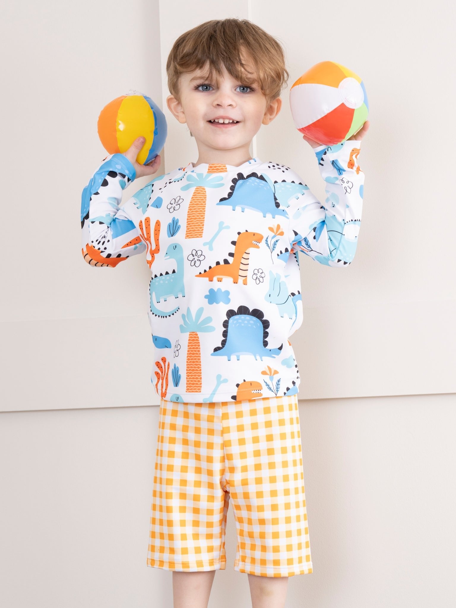 Dinos & Orange Gingham Swim Set - Marie Nicole Clothing
