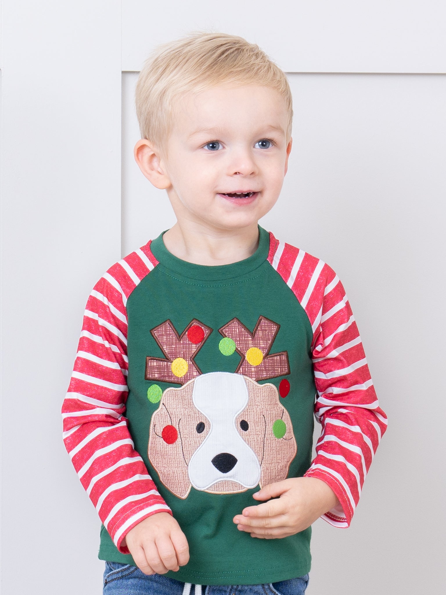 Green & Red Stripes Embroidered Puppy Shirt - Marie Nicole Clothing