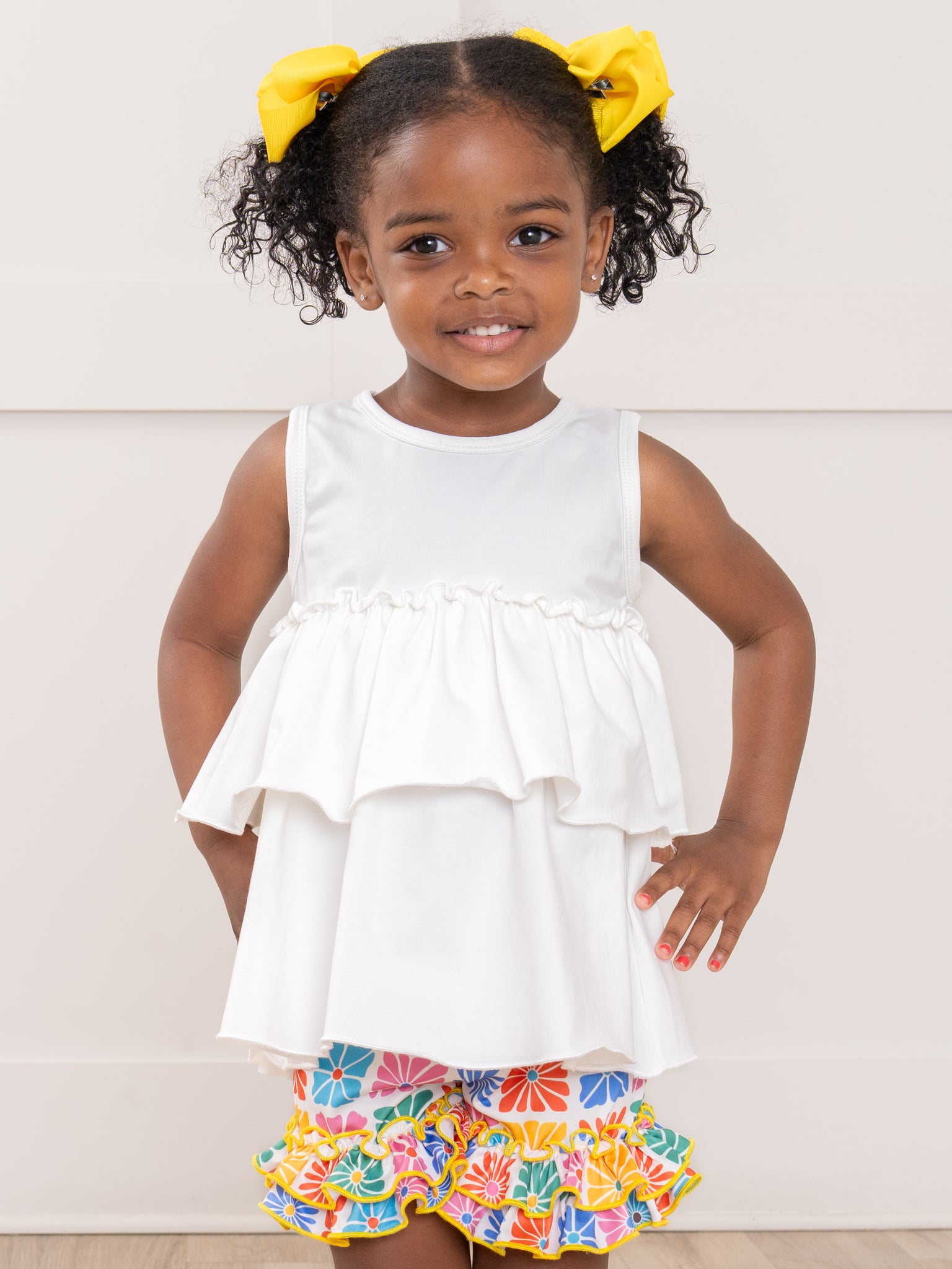 Ruffle Hem Shorts - Flower Tiles - Marie Nicole Clothing