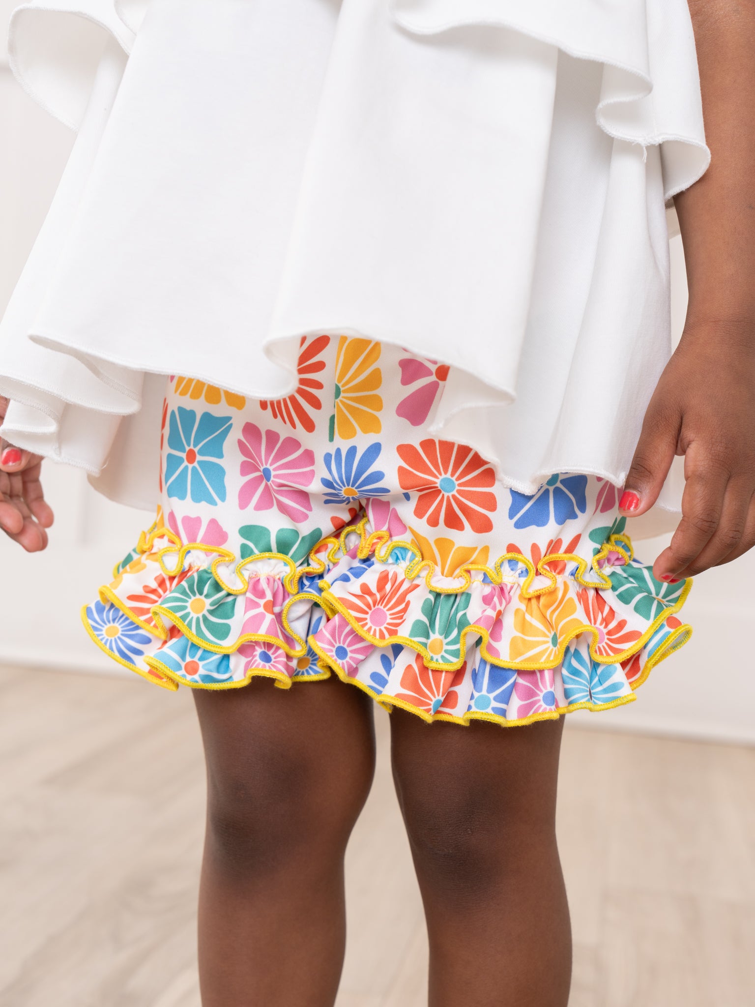 Ruffle Hem Shorts - Flower Tiles - Marie Nicole Clothing