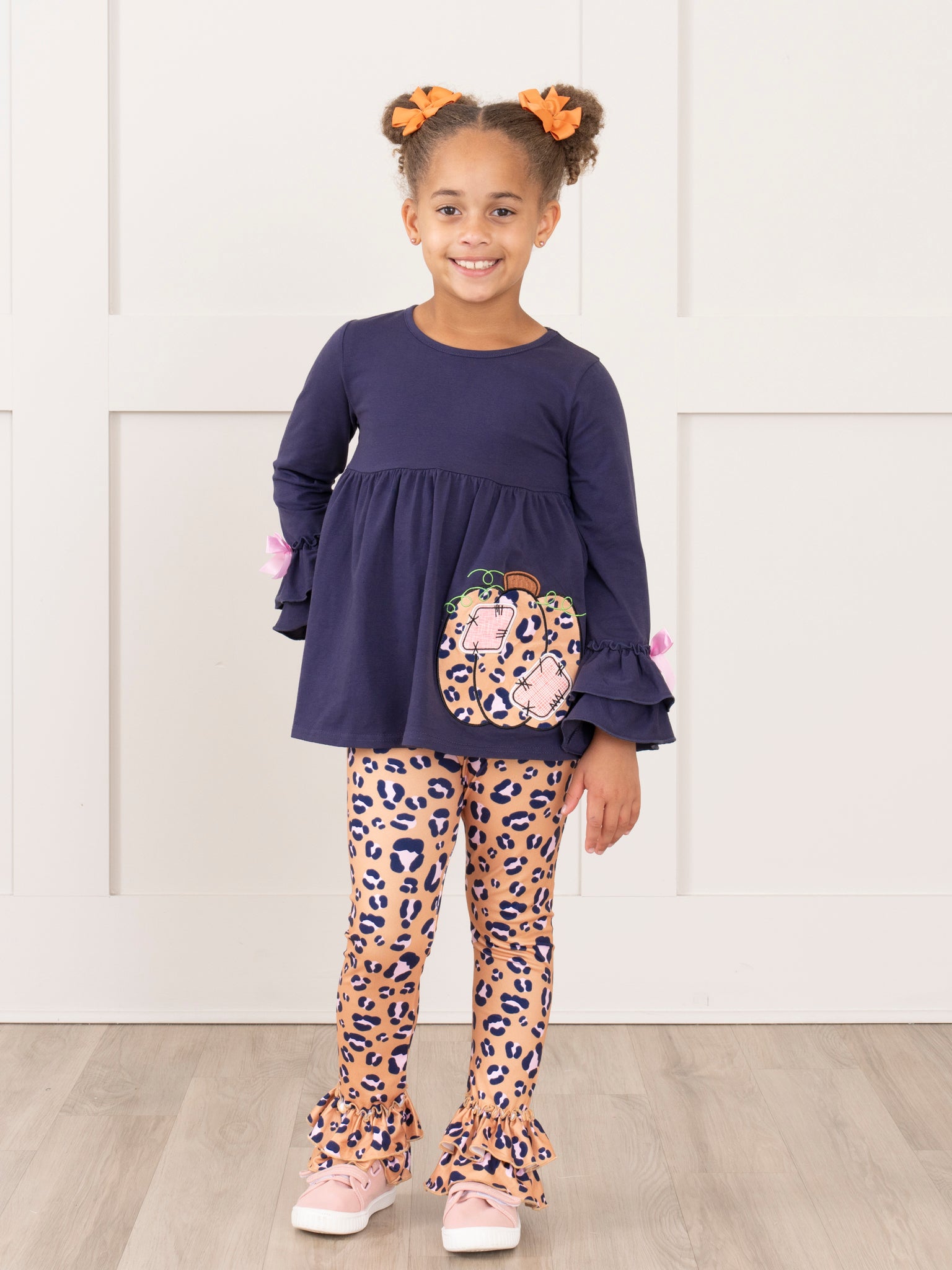 Navy & Leopard Pumpkin Patches Ruffle Outfit - Marie Nicole Clothing