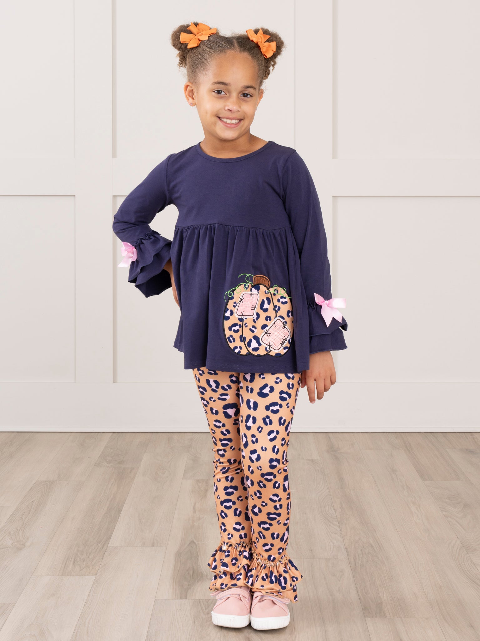 Navy & Leopard Pumpkin Patches Ruffle Outfit - Marie Nicole Clothing