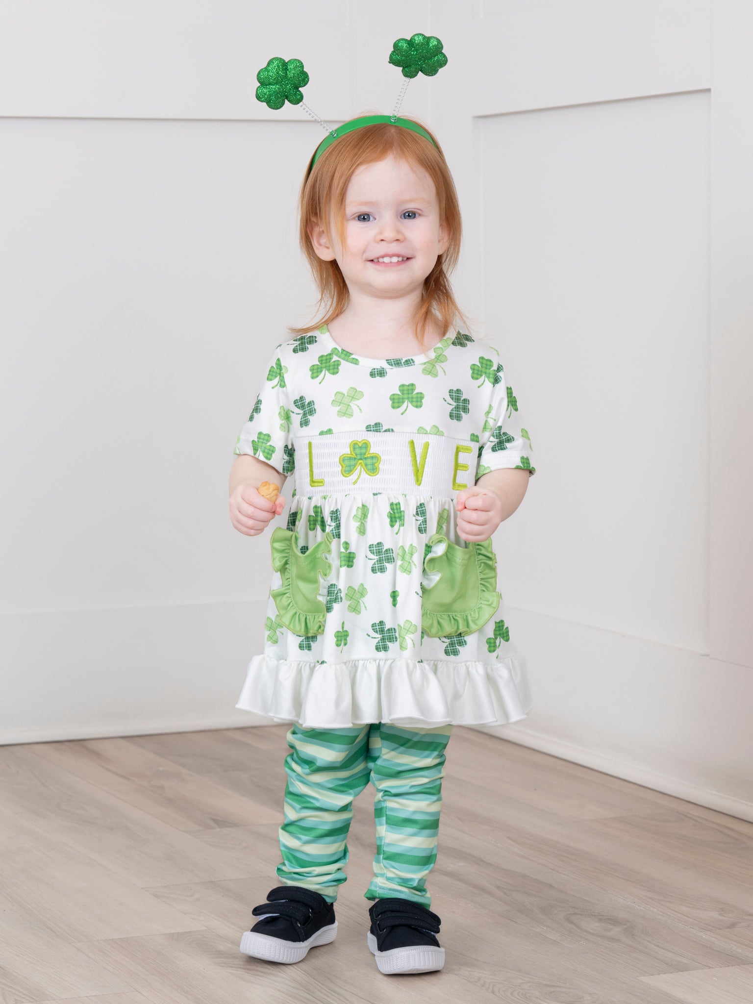 Green & White Smocked Shamrock Love Outfit - Marie Nicole Clothing