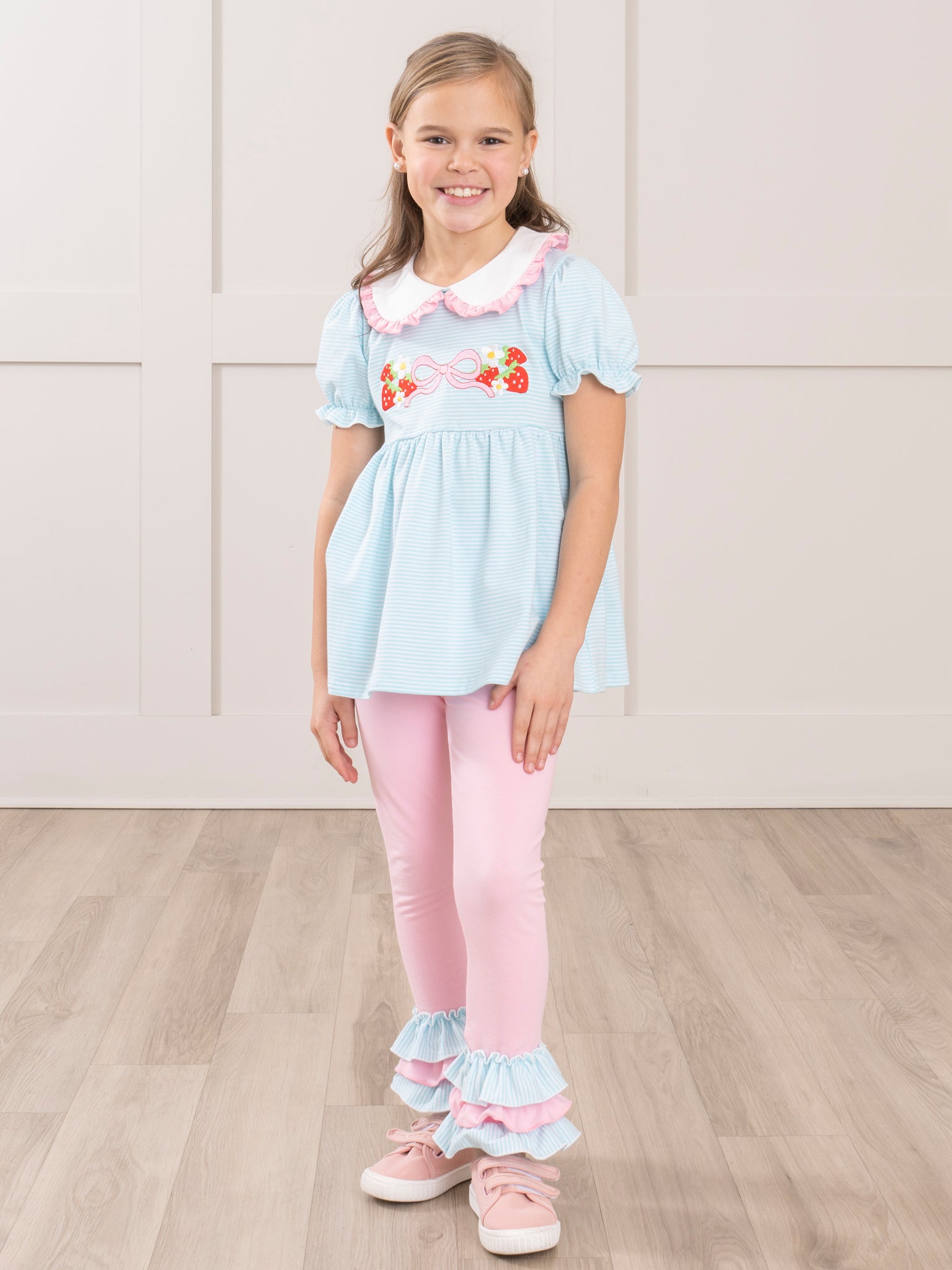 Embroidered Strawberry Bows Ruffle Outfit - Marie Nicole Clothing