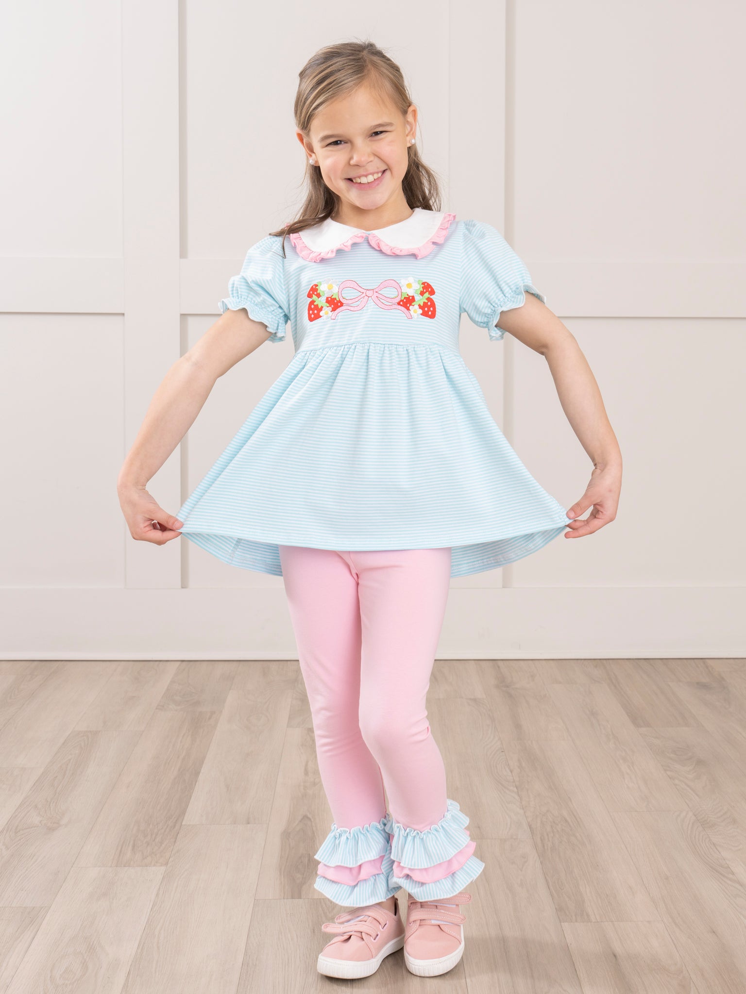 Embroidered Strawberry Bows Ruffle Outfit - Marie Nicole Clothing