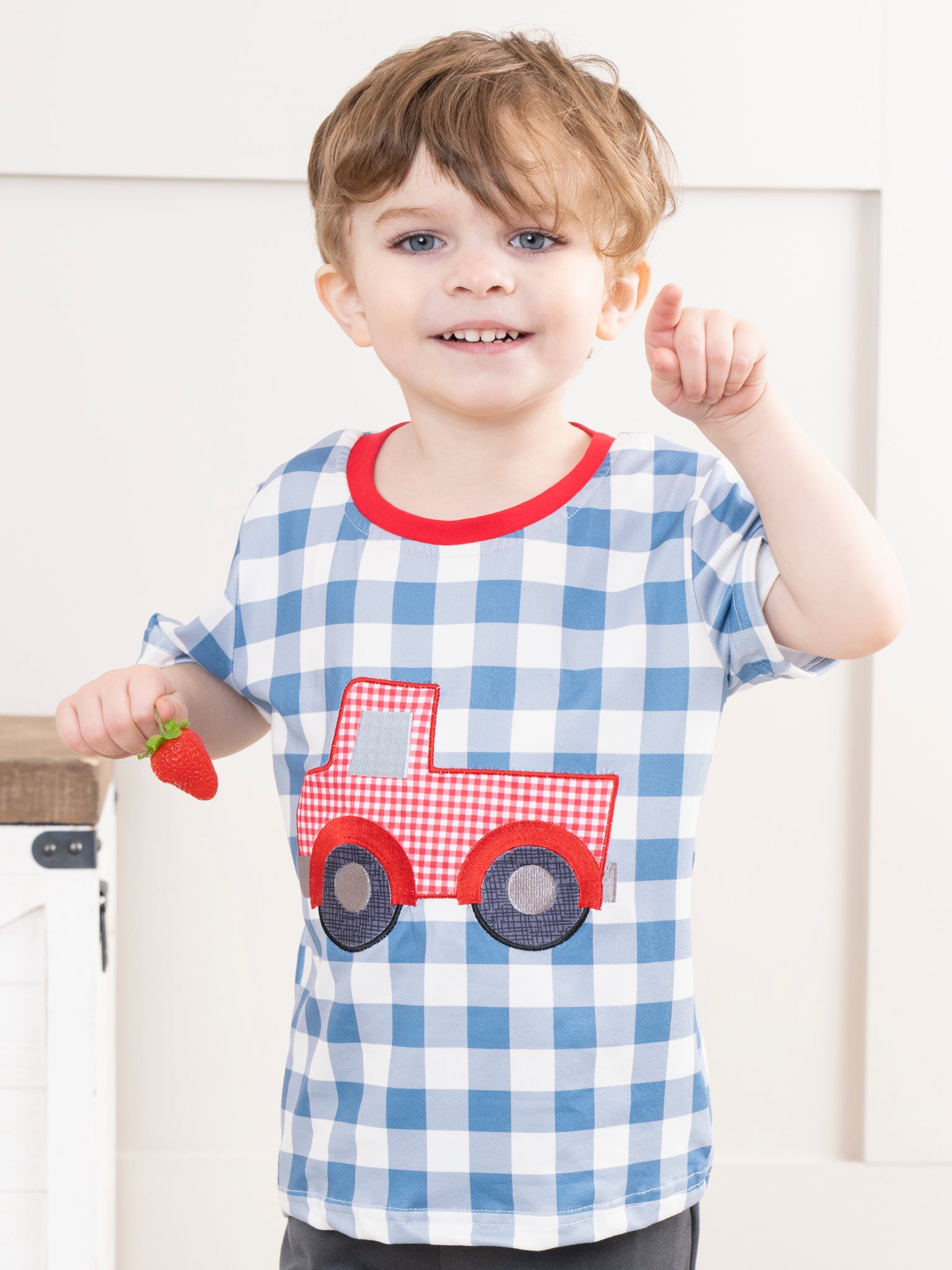 Red & Navy Truck Gingham Shirt - Marie Nicole Clothing