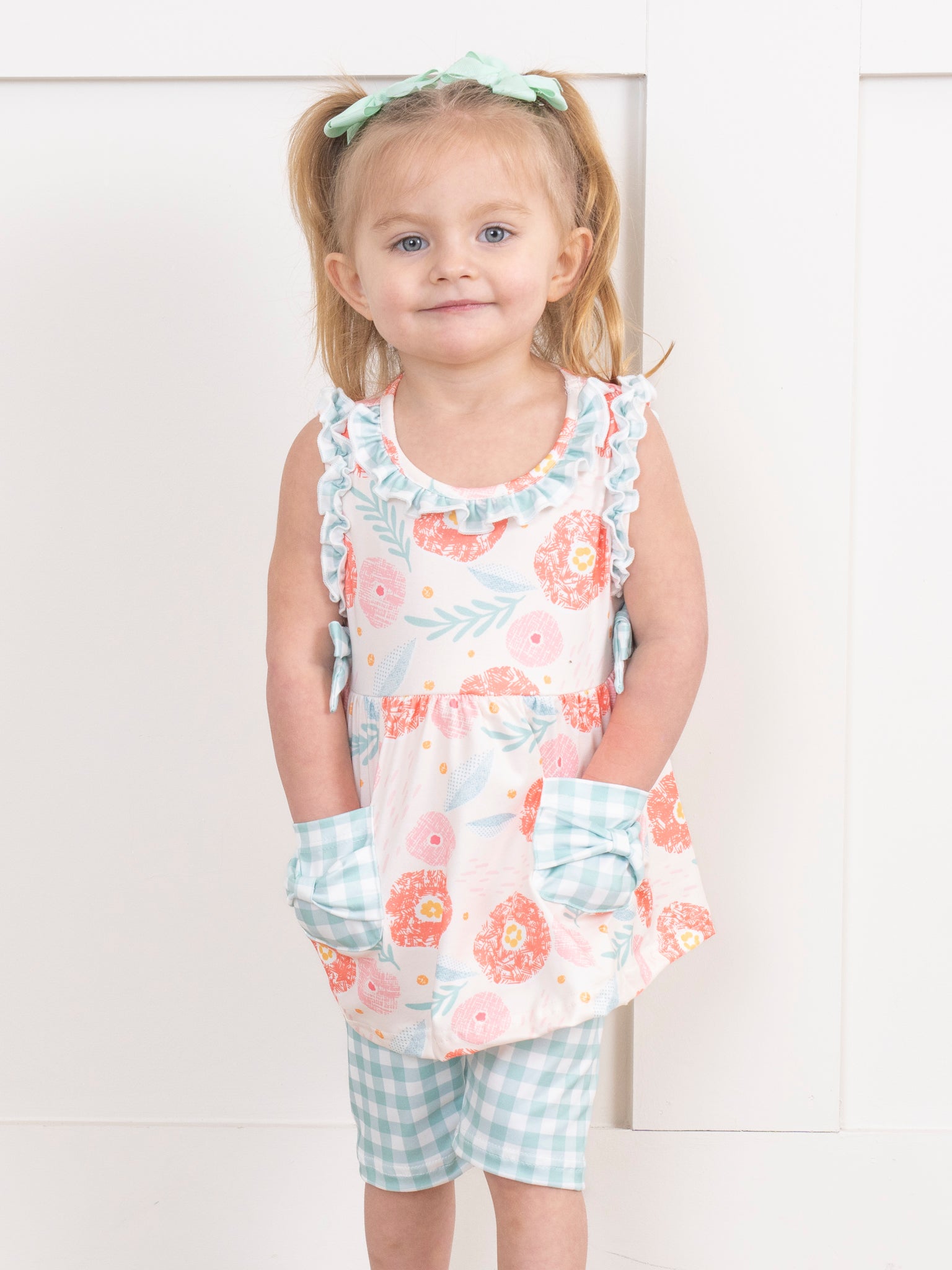 Pink & Teal Gingham Blooms Ruffle Outfit - Marie Nicole Clothing