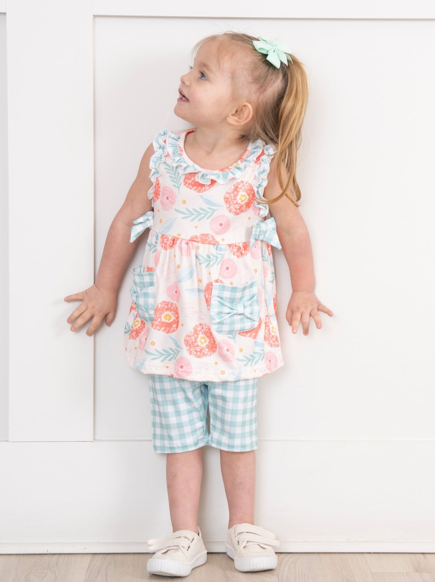 Pink & Teal Gingham Blooms Ruffle Outfit - Marie Nicole Clothing