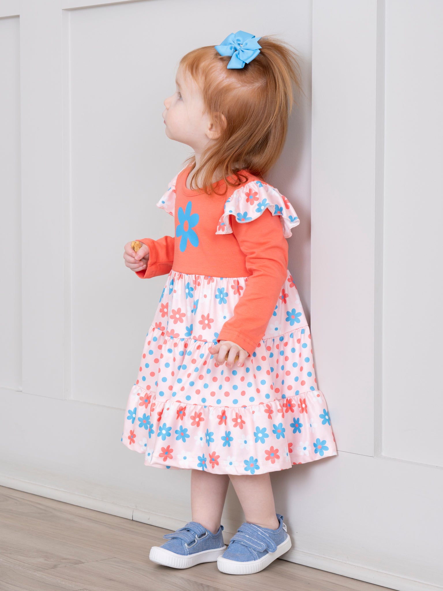 Blue & Orange Daisies Ruffle Dress - Marie Nicole Clothing