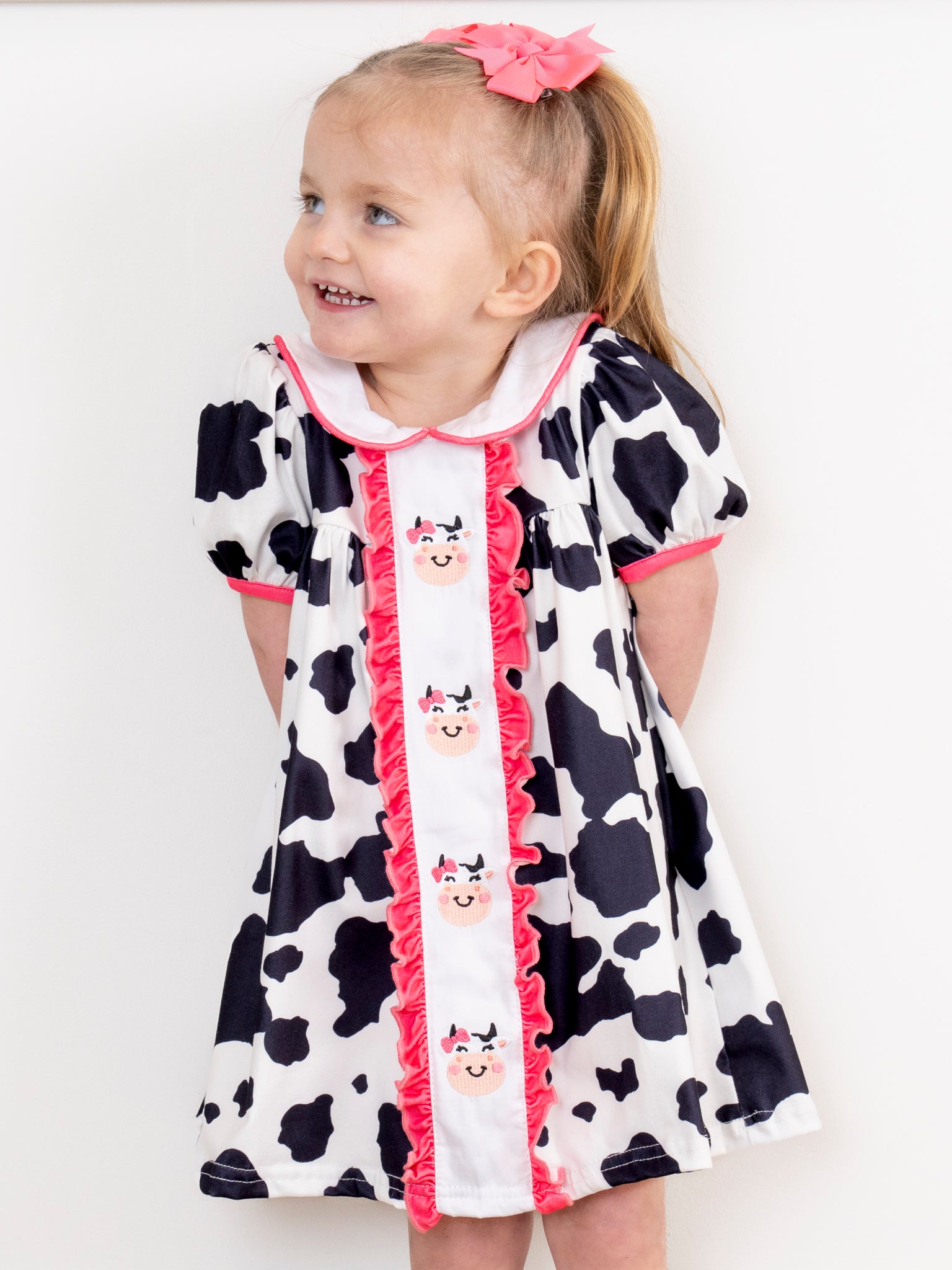 Pink Trim Cow Time Ruffle Dress - Marie Nicole Clothing