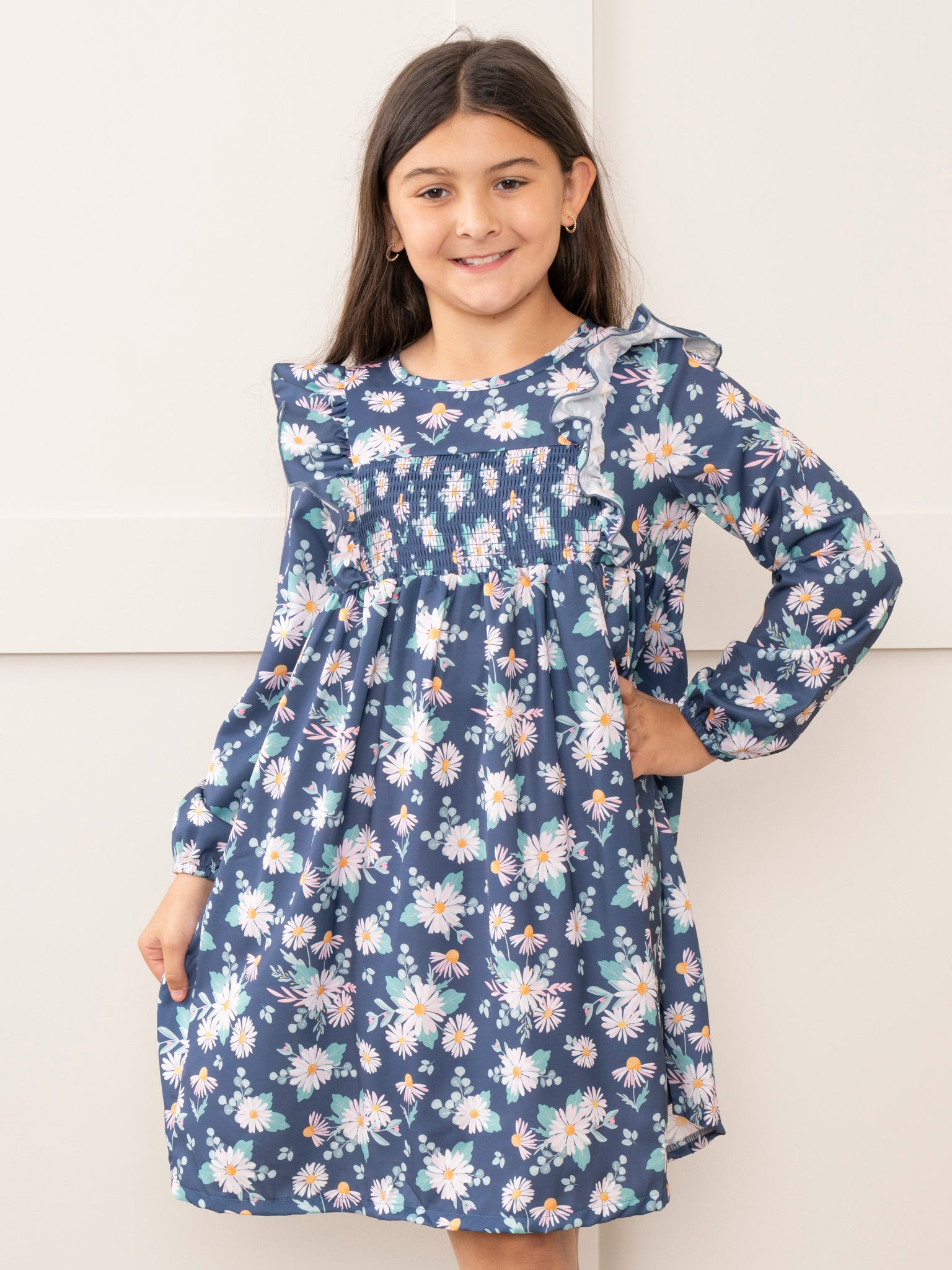 Navy Daisies Smocked Ruffle Dress - Marie Nicole Clothing