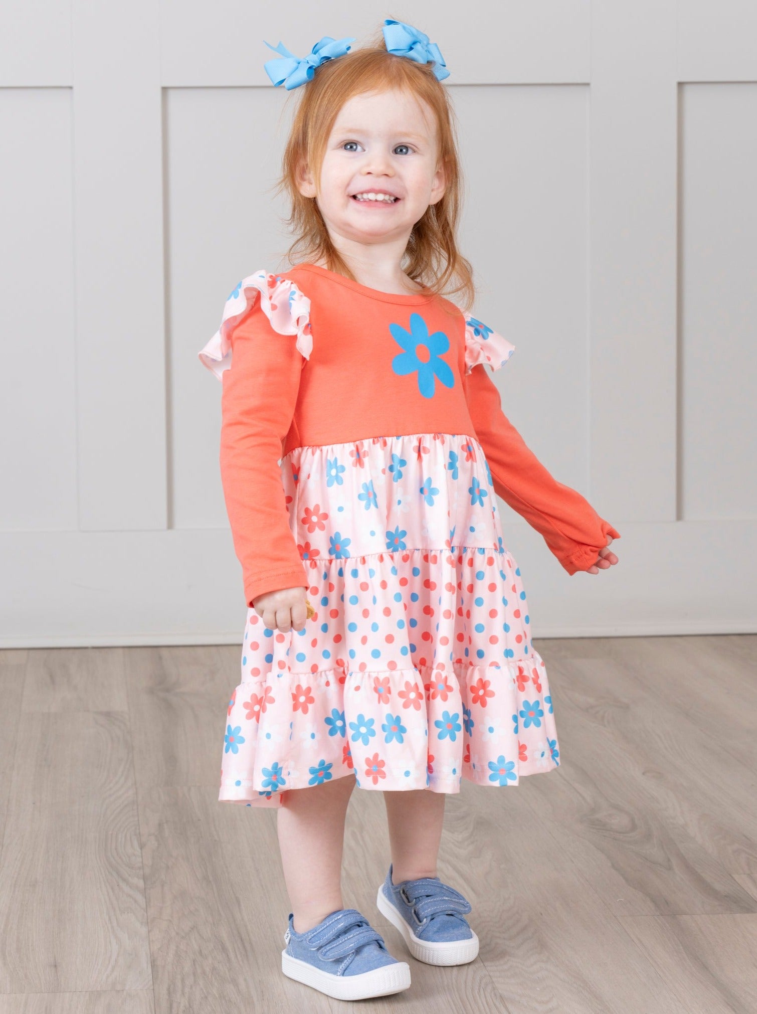 Blue & Orange Daisies Ruffle Dress - Marie Nicole Clothing