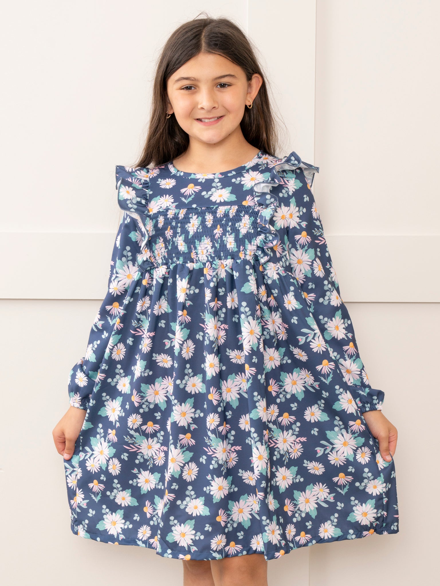 Navy Daisies Smocked Ruffle Dress - Marie Nicole Clothing