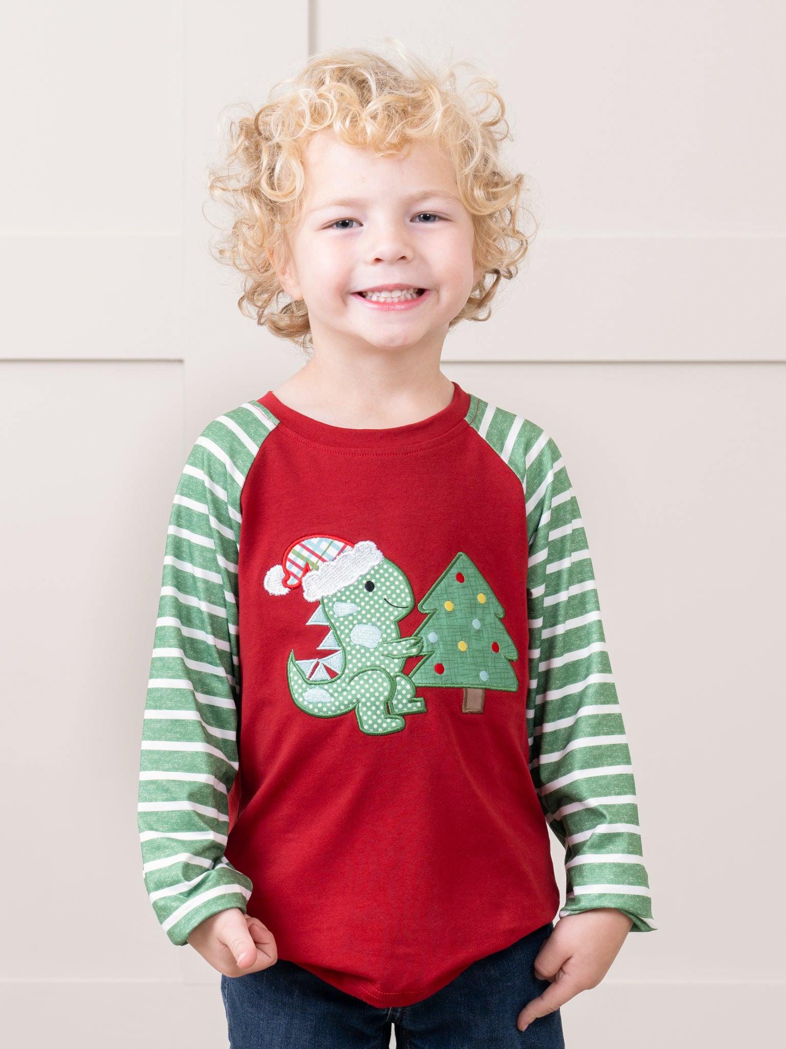 Holiday Dino Striped Raglan Shirt - Marie Nicole Clothing