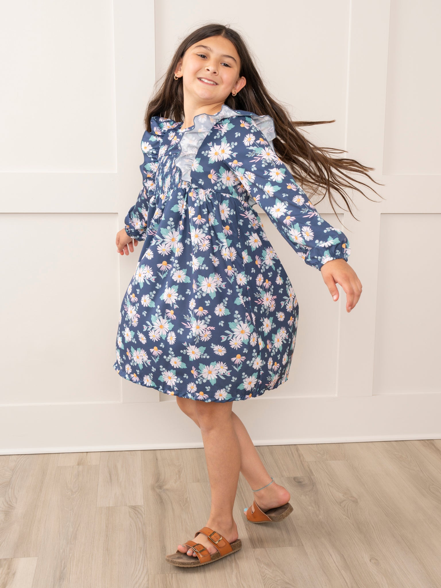 Navy Daisies Smocked Ruffle Dress - Marie Nicole Clothing