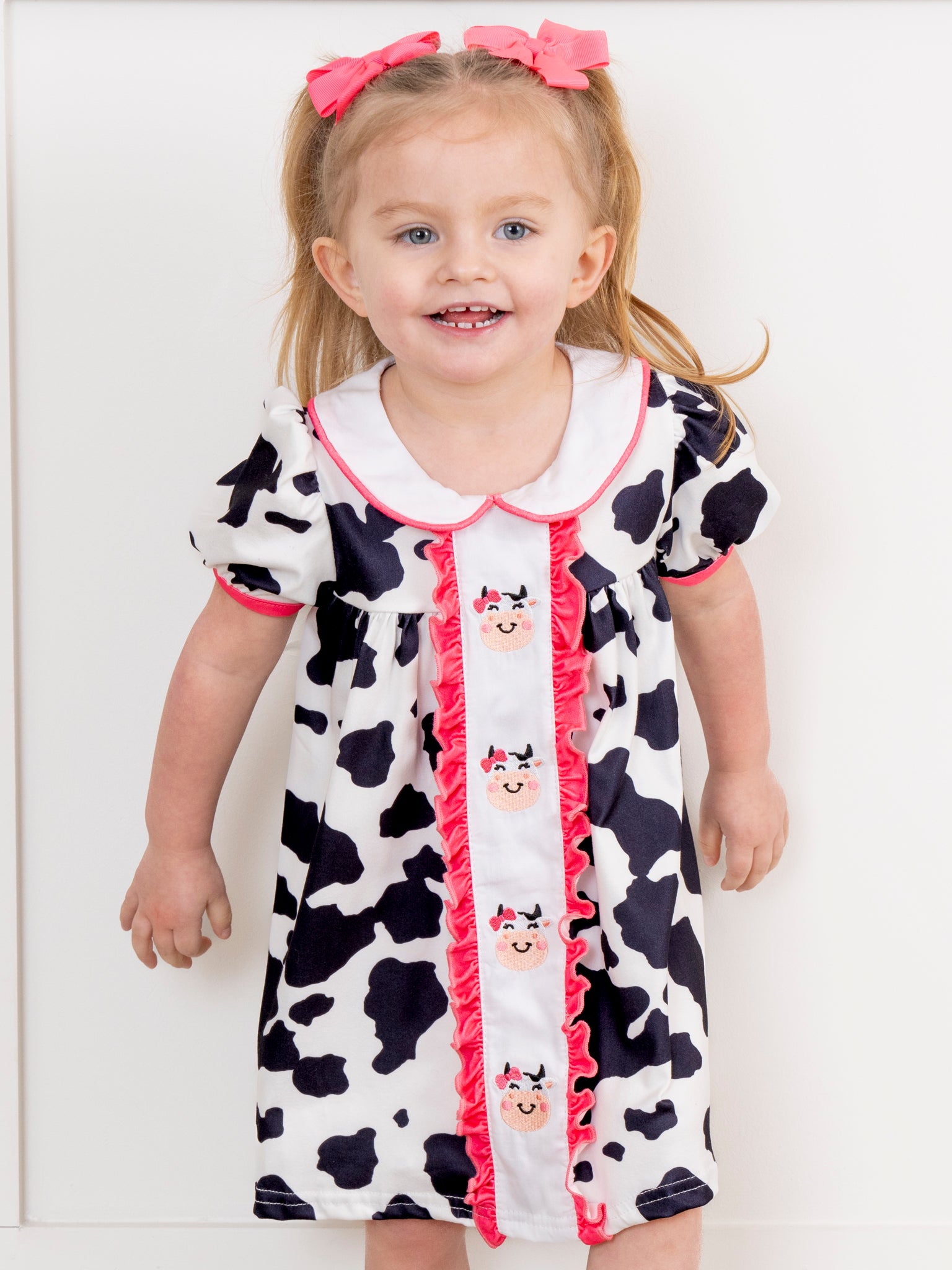 Pink Trim Cow Time Ruffle Dress - Marie Nicole Clothing