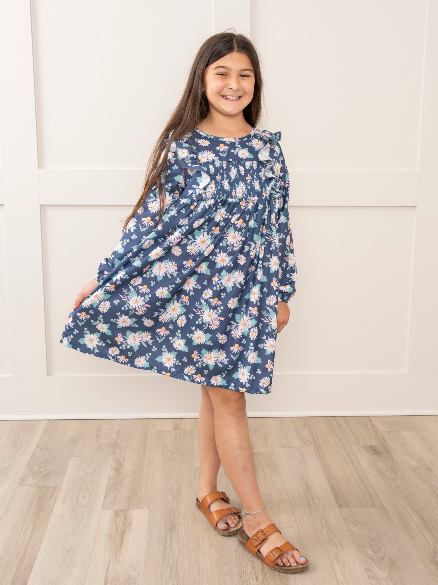 Navy Daisies Smocked Ruffle Dress - Marie Nicole Clothing