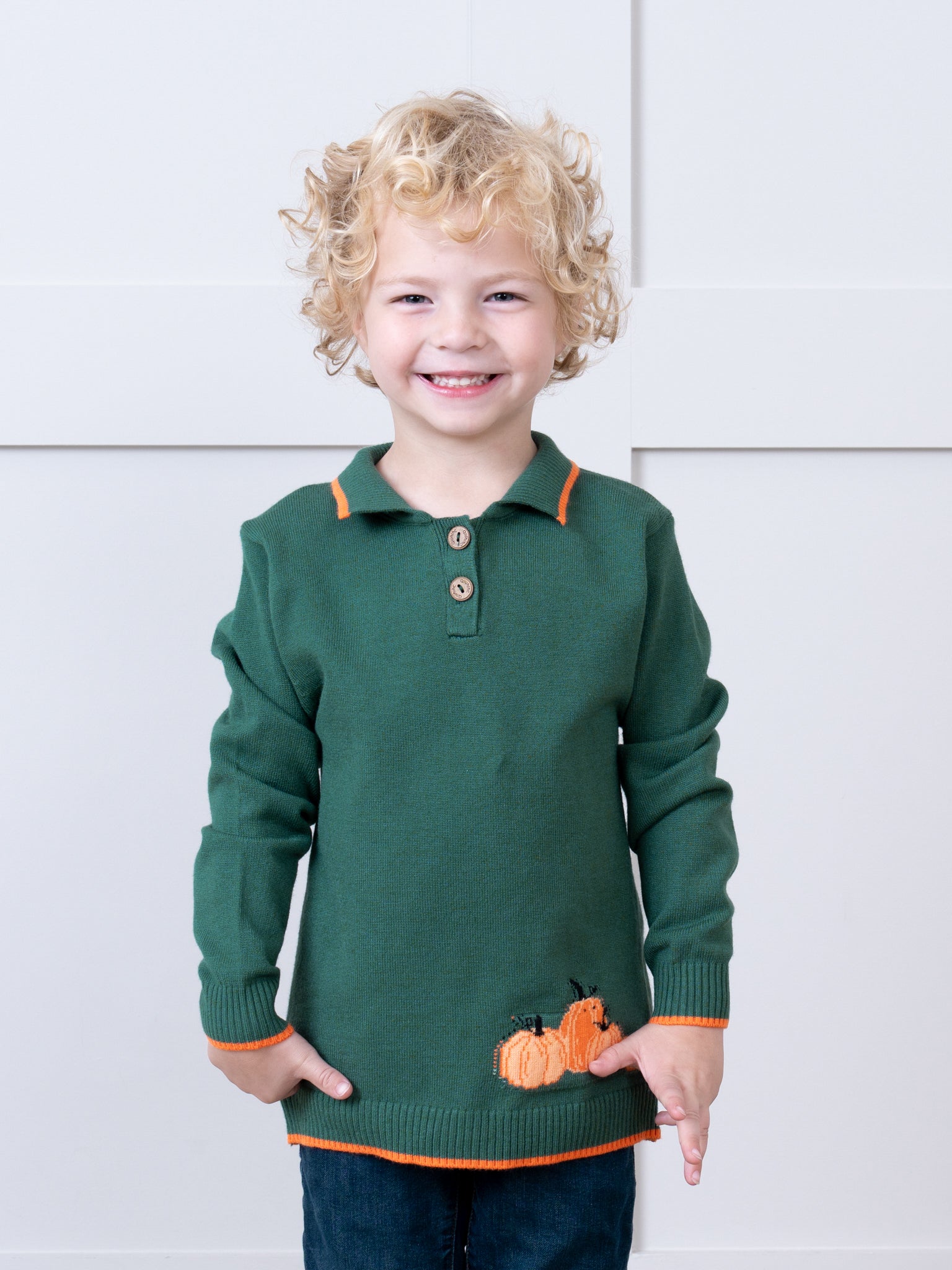 Hunter Green Pumpkin Patch Polo Sweater - Marie Nicole Clothing