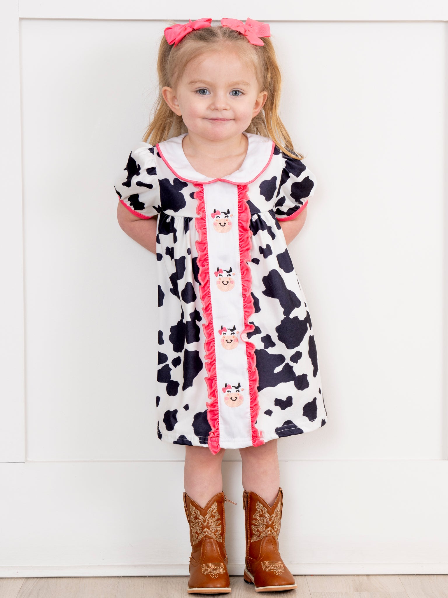 Pink Trim Cow Time Ruffle Dress - Marie Nicole Clothing