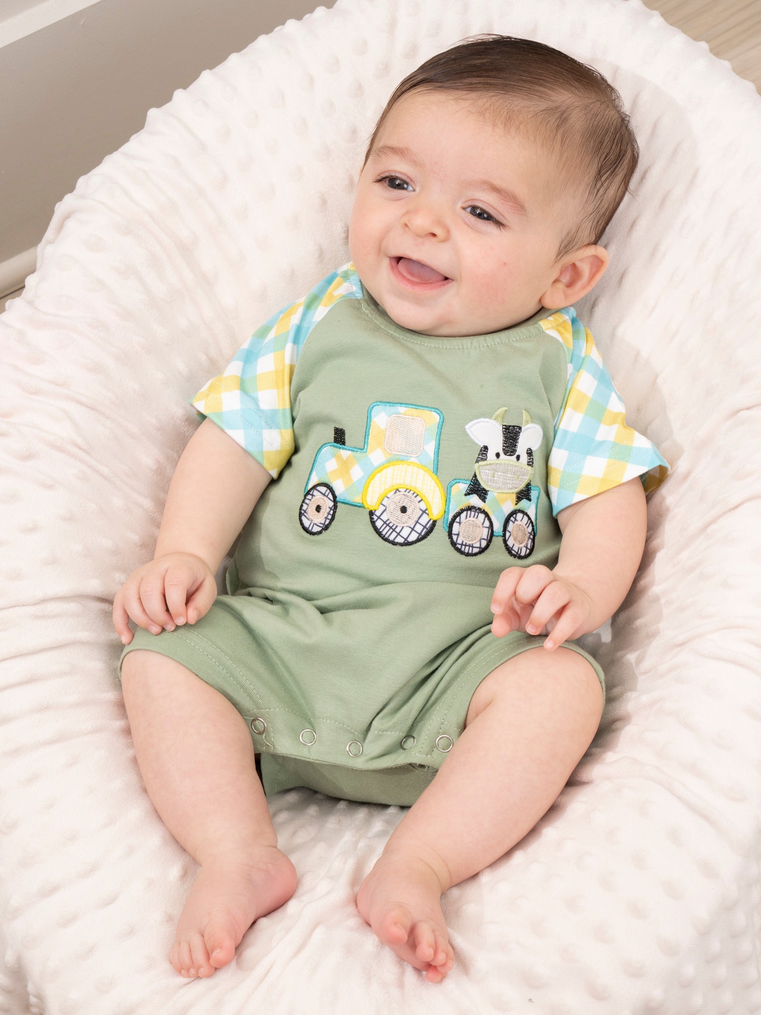 Green Embroidered Cow Train Romper - Marie Nicole Clothing