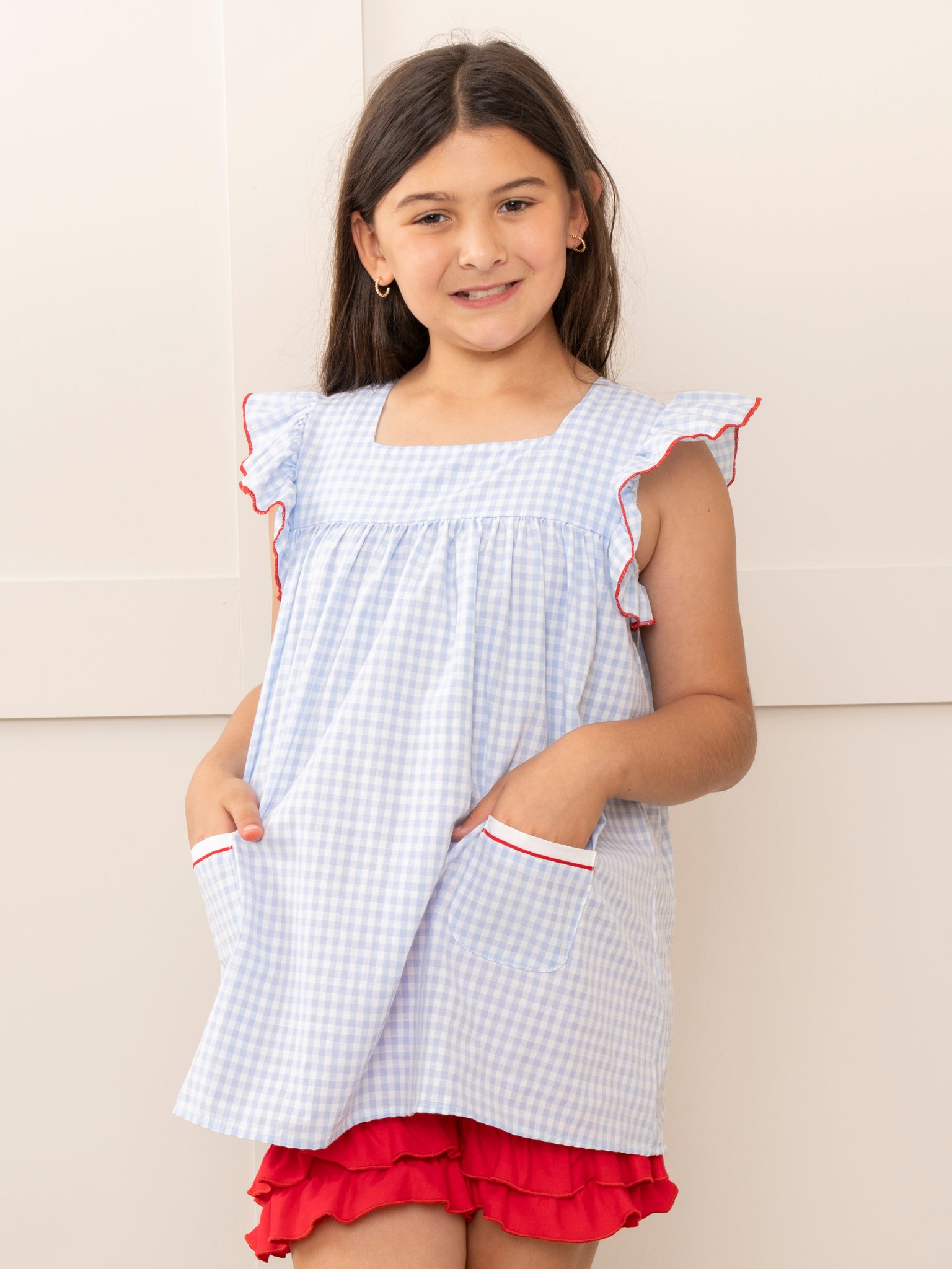 Blue Gingham Embroidered Crayons Ruffle Outfit - Marie Nicole Clothing