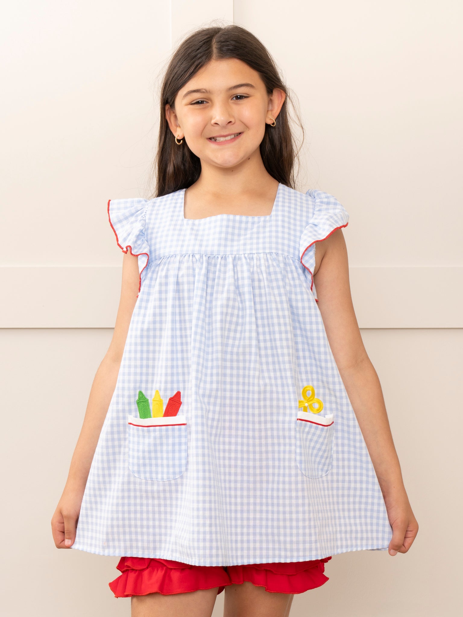 Blue Gingham Embroidered Crayons Ruffle Outfit - Marie Nicole Clothing