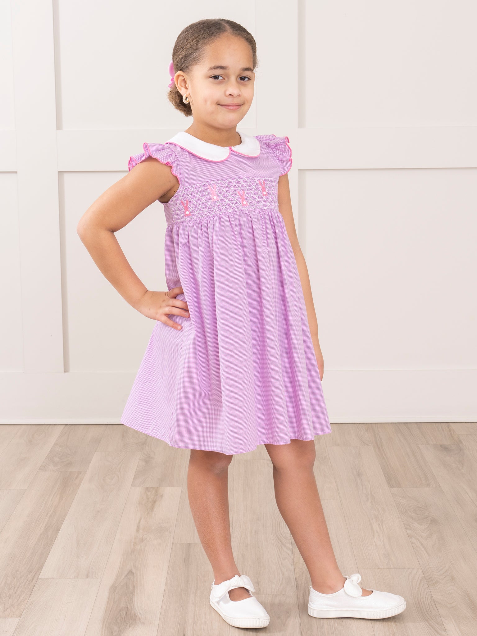 Purple Smocked Bunnies Ruffle Dress - Marie Nicole Clothing