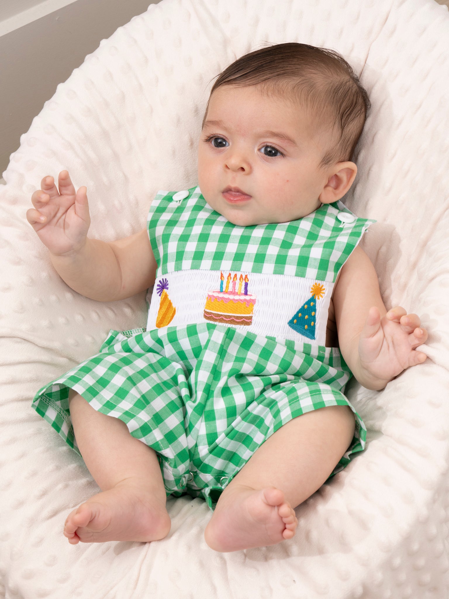 Green Gingham Party Time Smocked Johnny - Marie Nicole Clothing