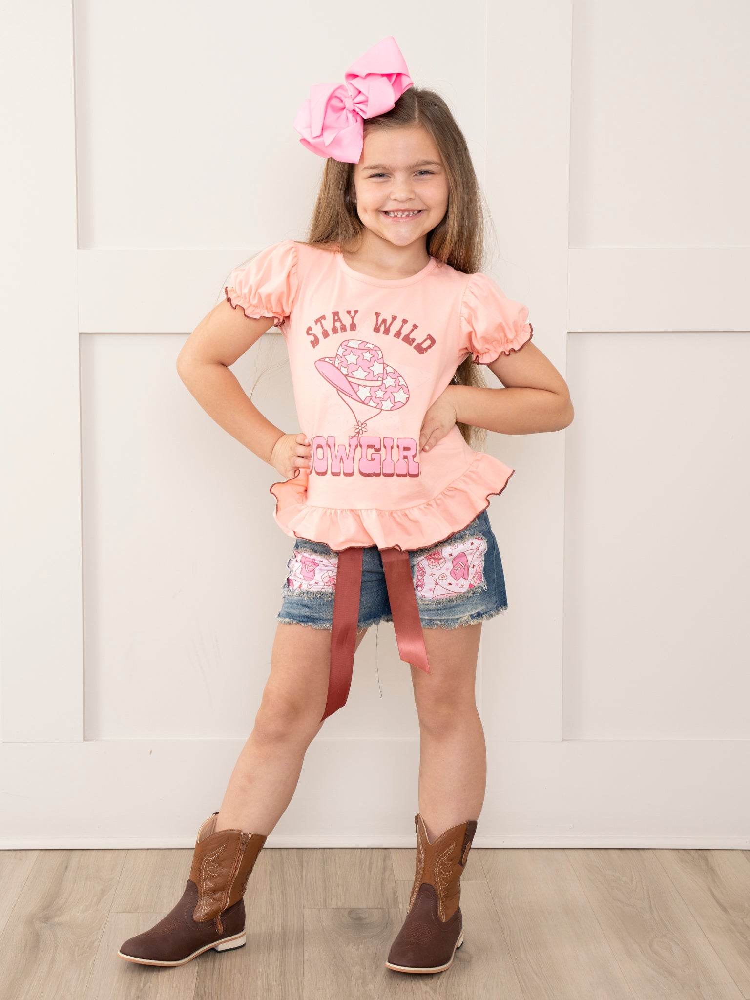Peach Cowgirl Ruffle Denim Outfit - Marie Nicole Clothing