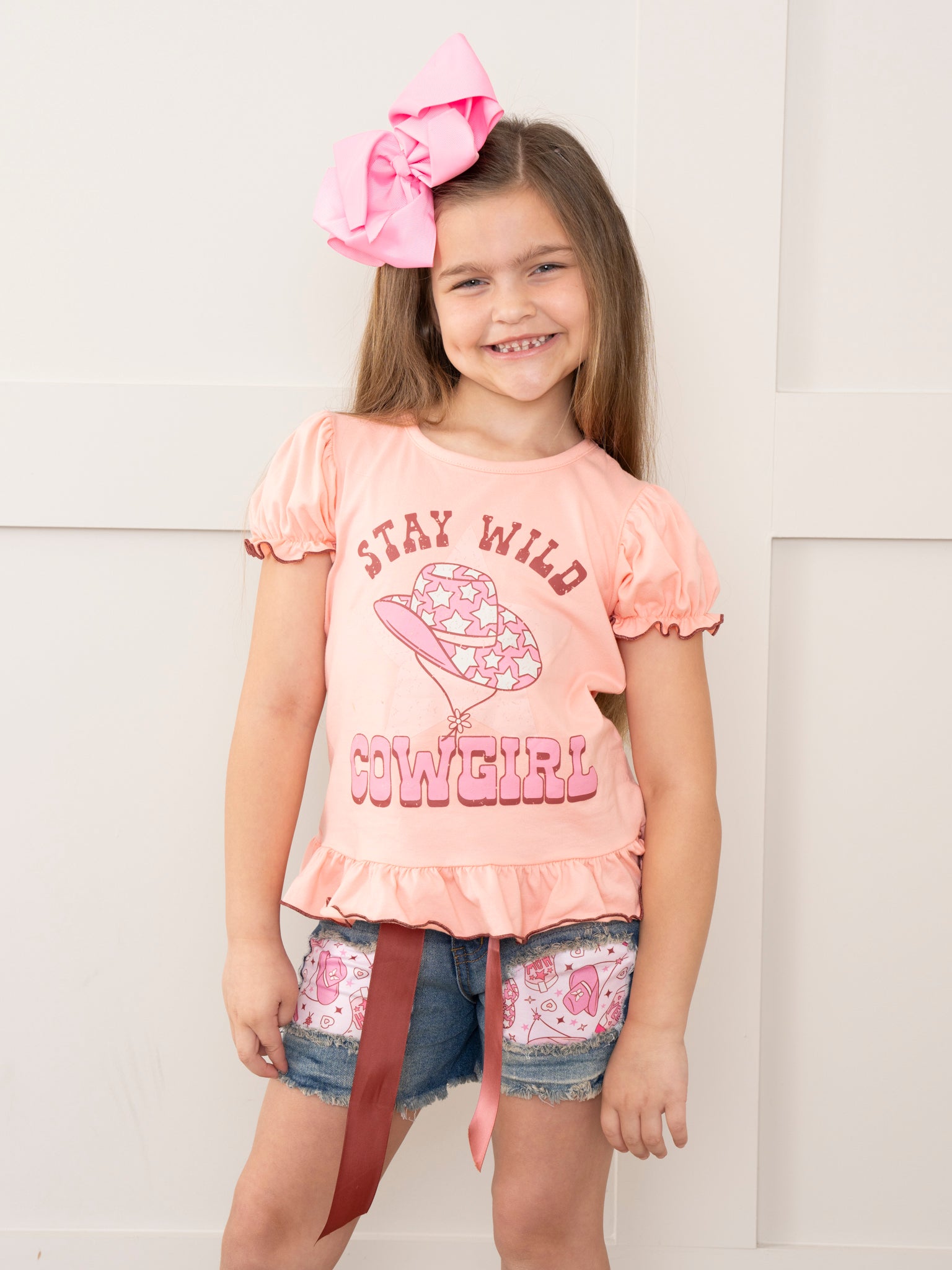 Peach Cowgirl Ruffle Denim Outfit - Marie Nicole Clothing