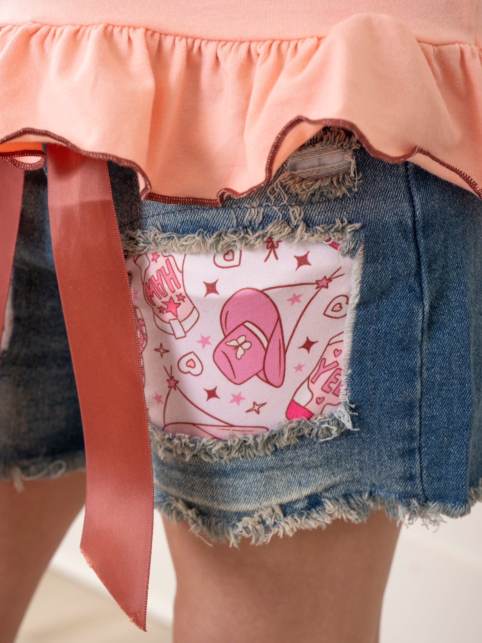 Peach Cowgirl Ruffle Denim Outfit - Marie Nicole Clothing