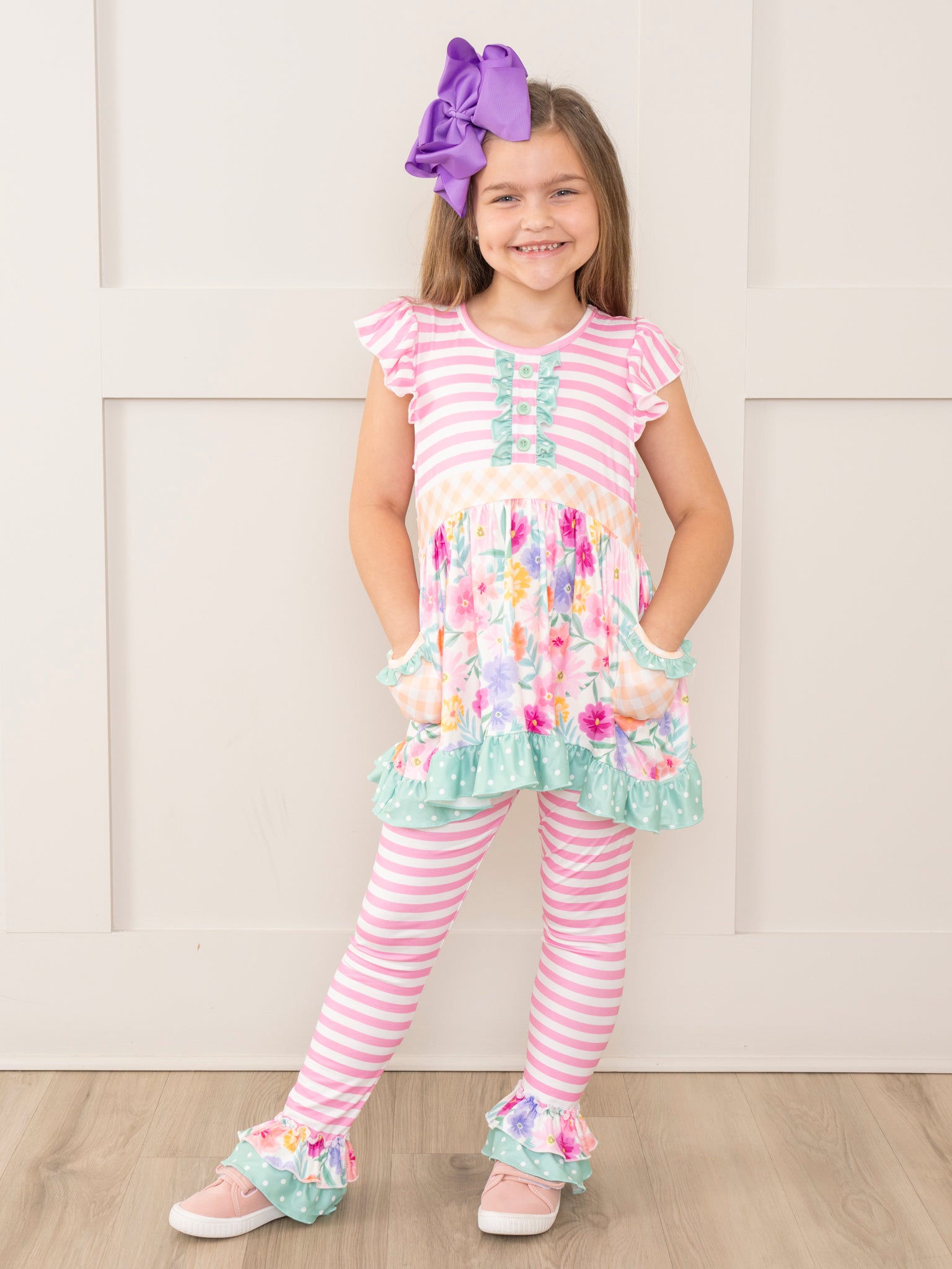 Magenta Stripes & Watercolor Florals Ruffle Outfit - Marie Nicole Clothing
