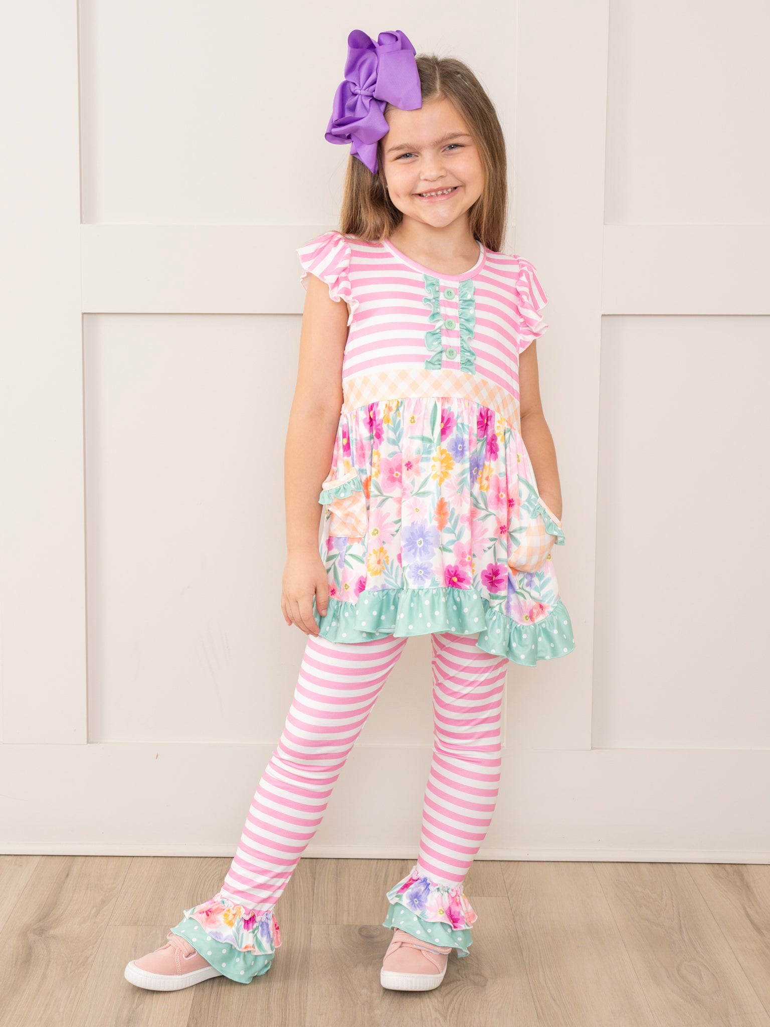 Magenta Stripes & Watercolor Florals Ruffle Outfit - Marie Nicole Clothing